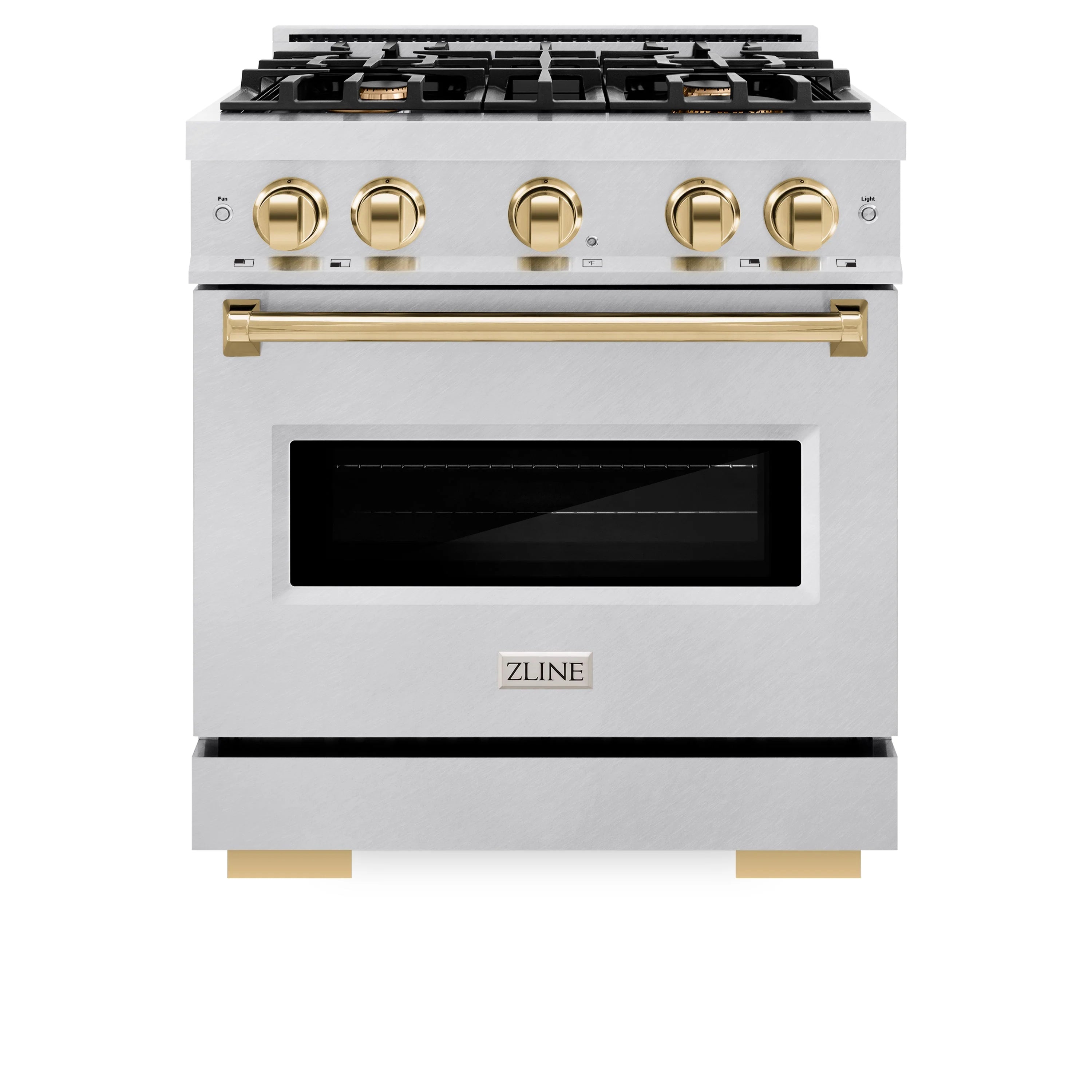 Stainless gas range front view with four gold knobs, gold handle, and black oven window