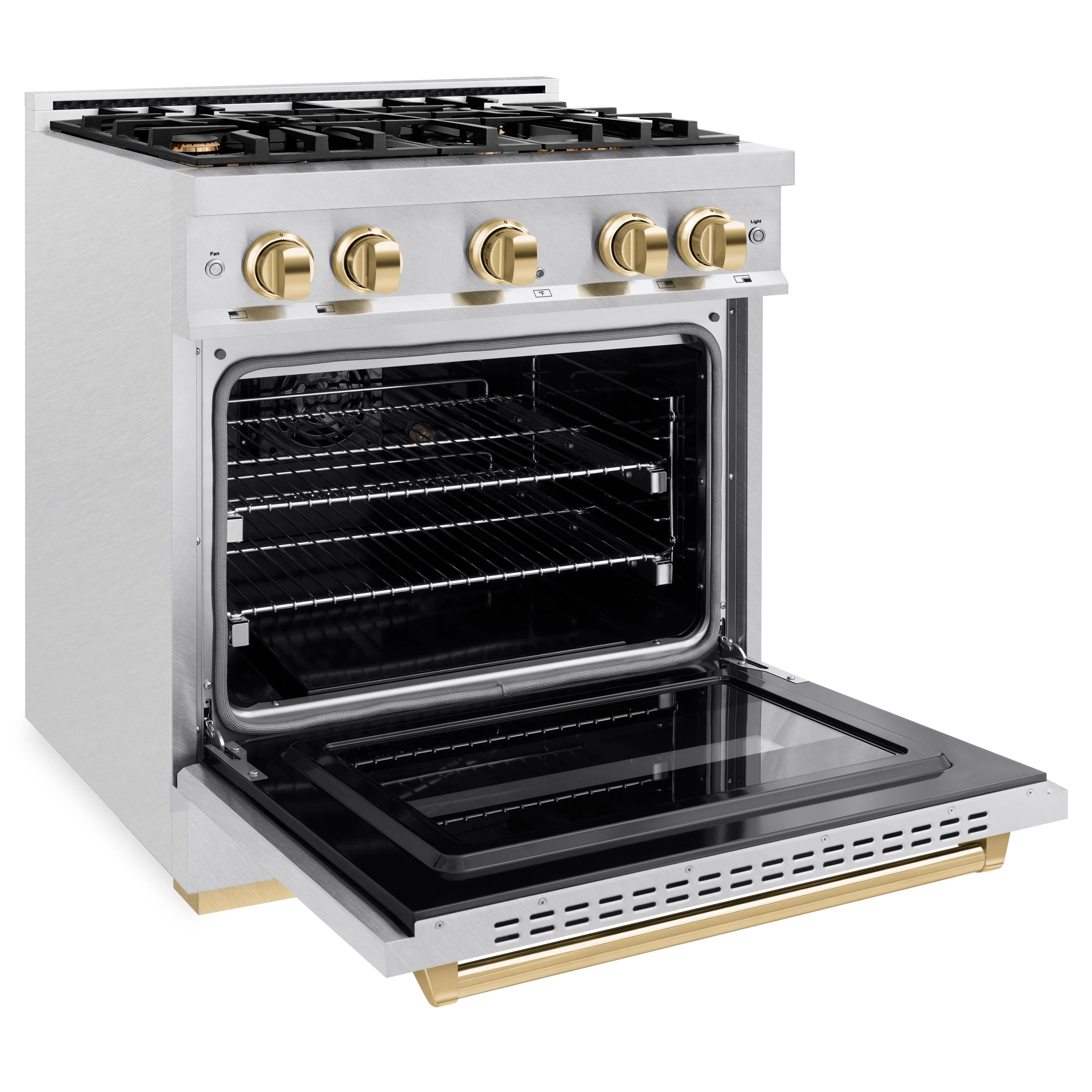 Satin stainless gas range with four burners, open oven door, polished gold control knobs