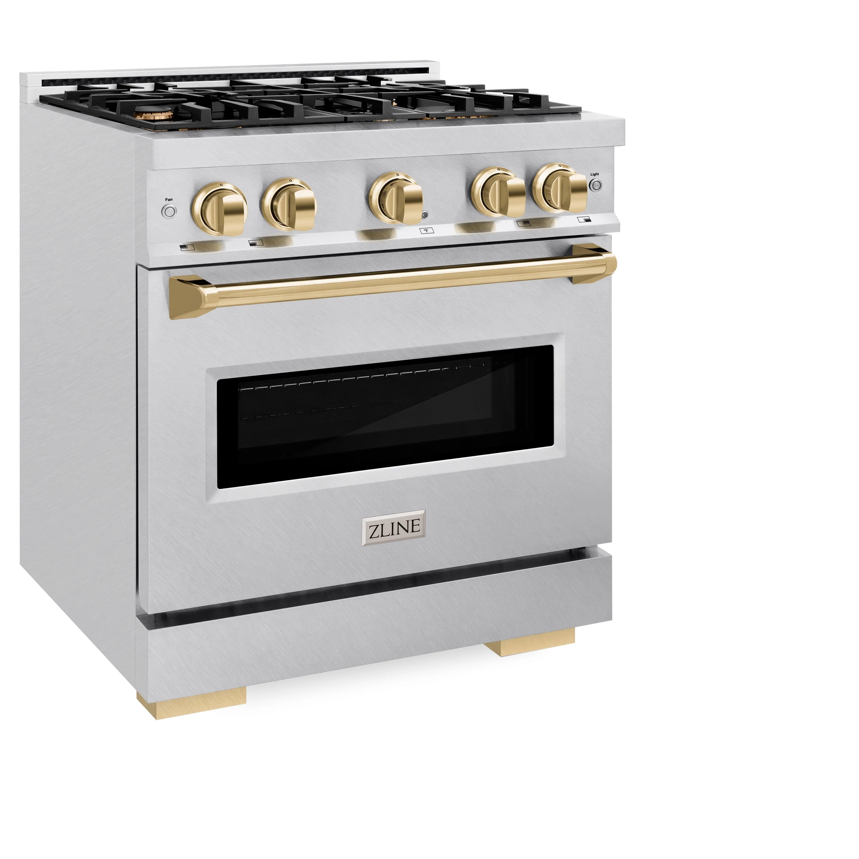 Stainless gas range front corner with four gold knobs, gold handle, and black oven glass