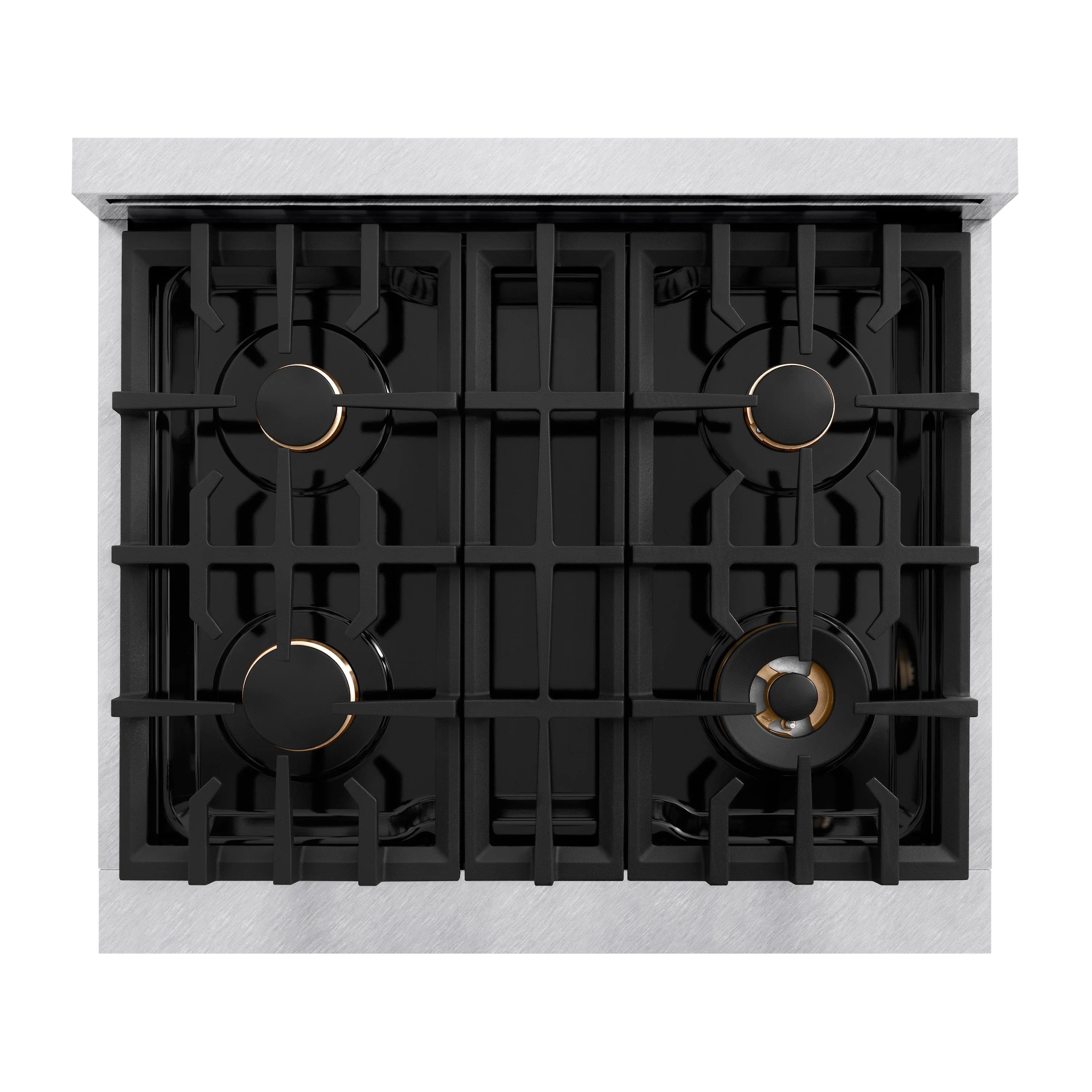 Stainless gas range cooktop with four black burner grates and gold burner cap