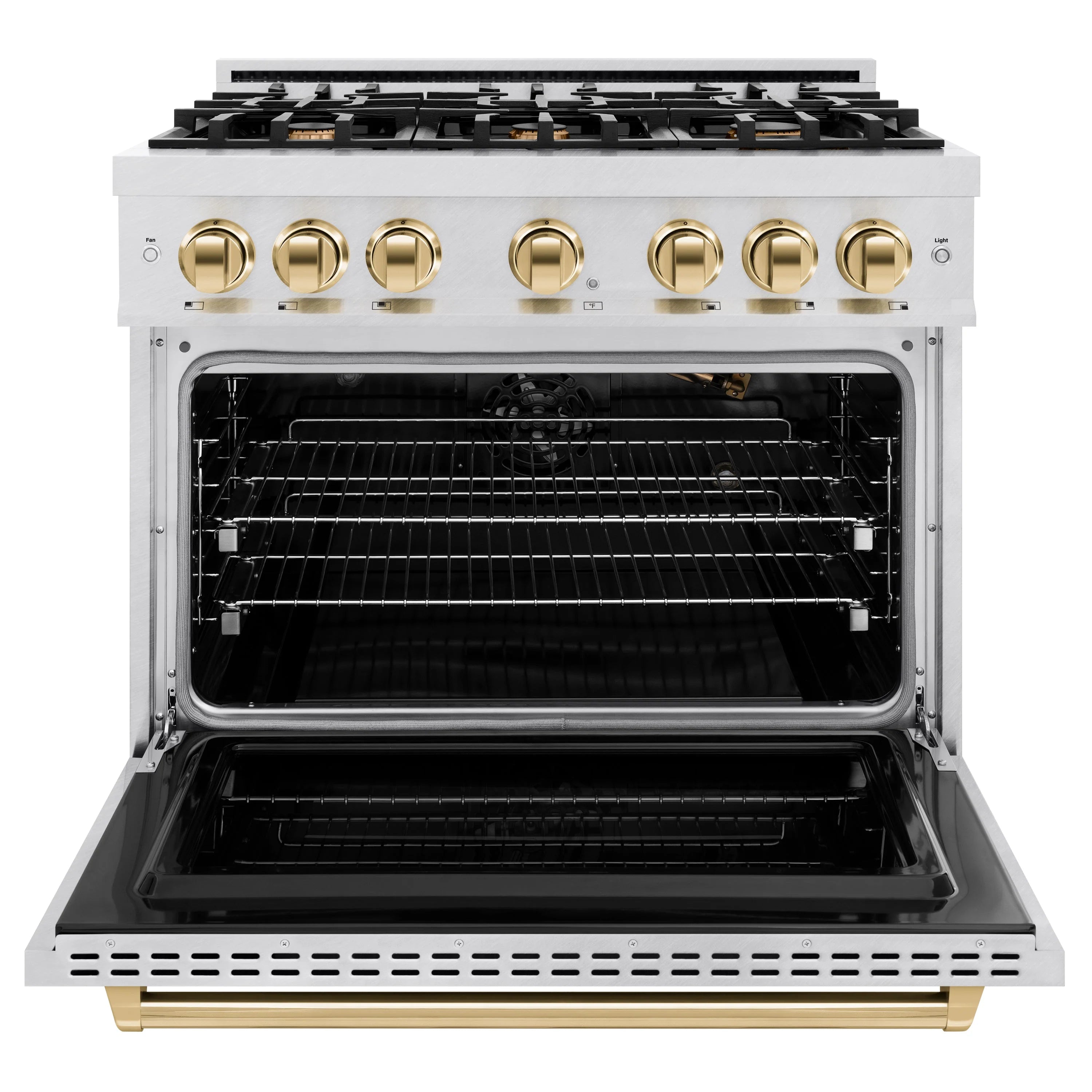 Open gas convection oven door showing wire rack and interior bake surface