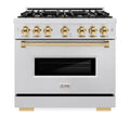 ZLINE Autograph Edition 36-Inch Classic Series Gas Range with 6 Gas Burner Cooktop and 5.2 Cu. Ft. Gas Convection Oven in Satin Stainless Steel with Gold (CGRSZ-36-G)