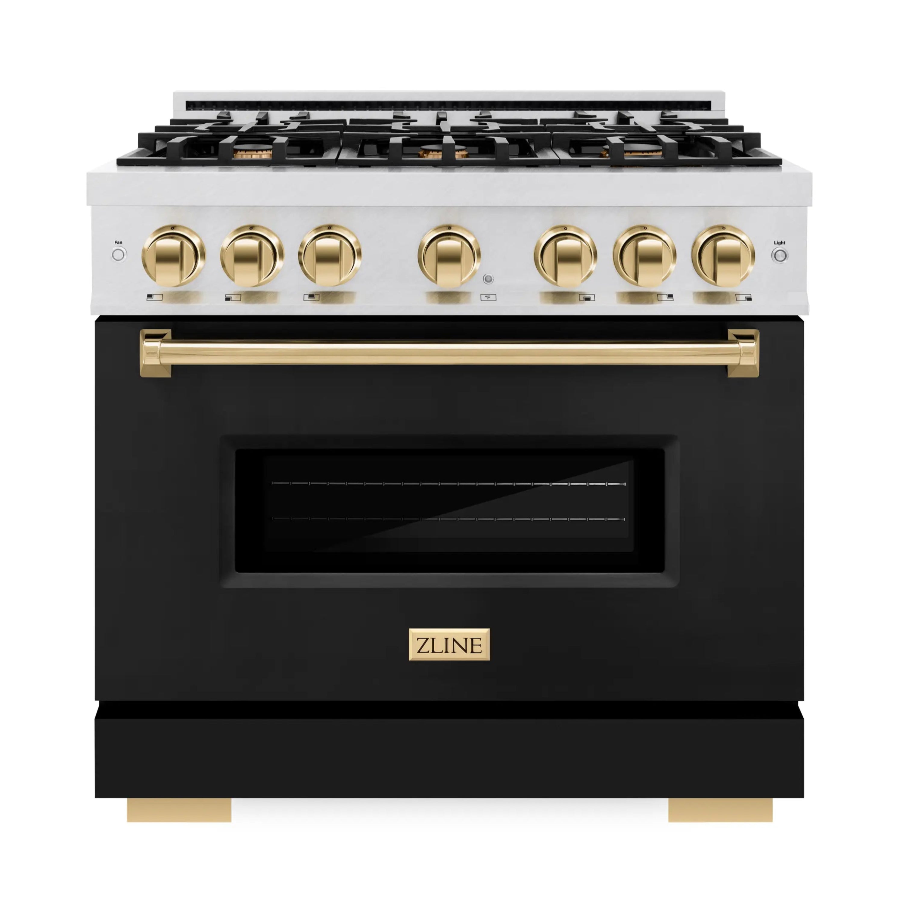 Stainless gas range front with black oven door, gold knobs, and burner grates