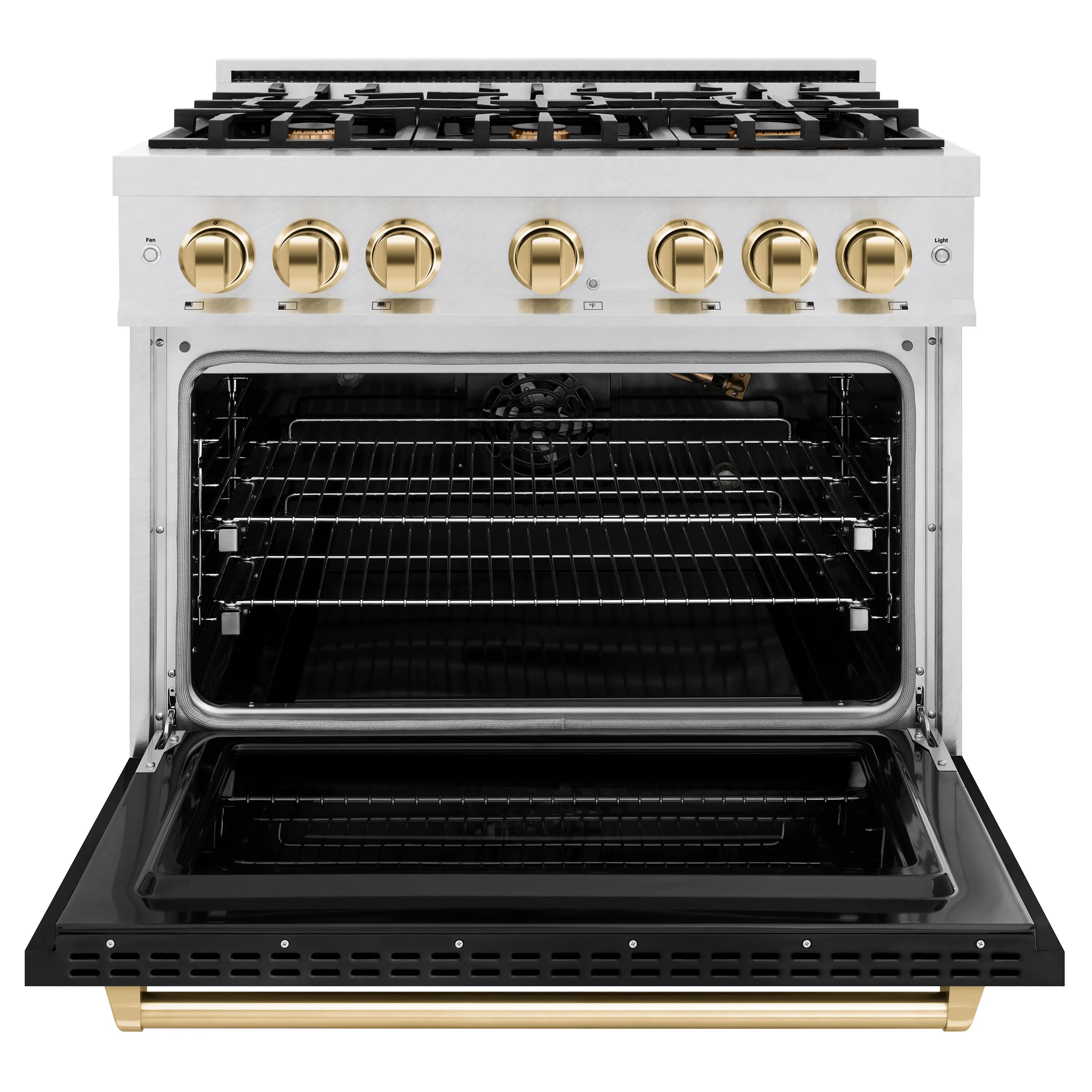Gas range with oven door open showing convection racks and black interior