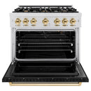 ZLINE 36-Inch Autograph Gas Range with 6 Burner Cooktop and 5.2 Cu. Ft. Convection Oven in Satin Stainless Steel with Black Matte Door and Polished Gold Accents (CGRSZ-BLM-36-G)