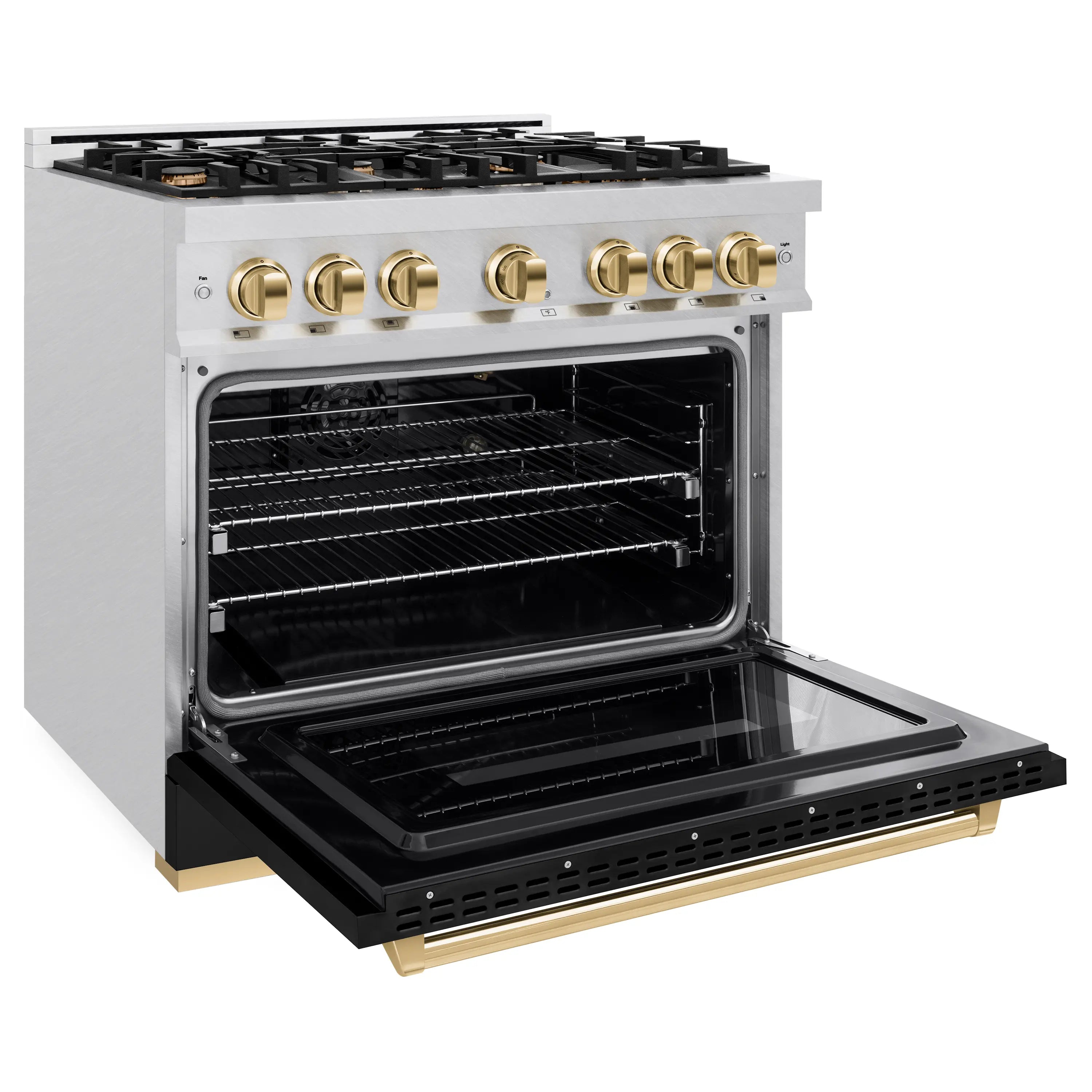 Stainless gas range with open black oven and gold knobs, front burner grates