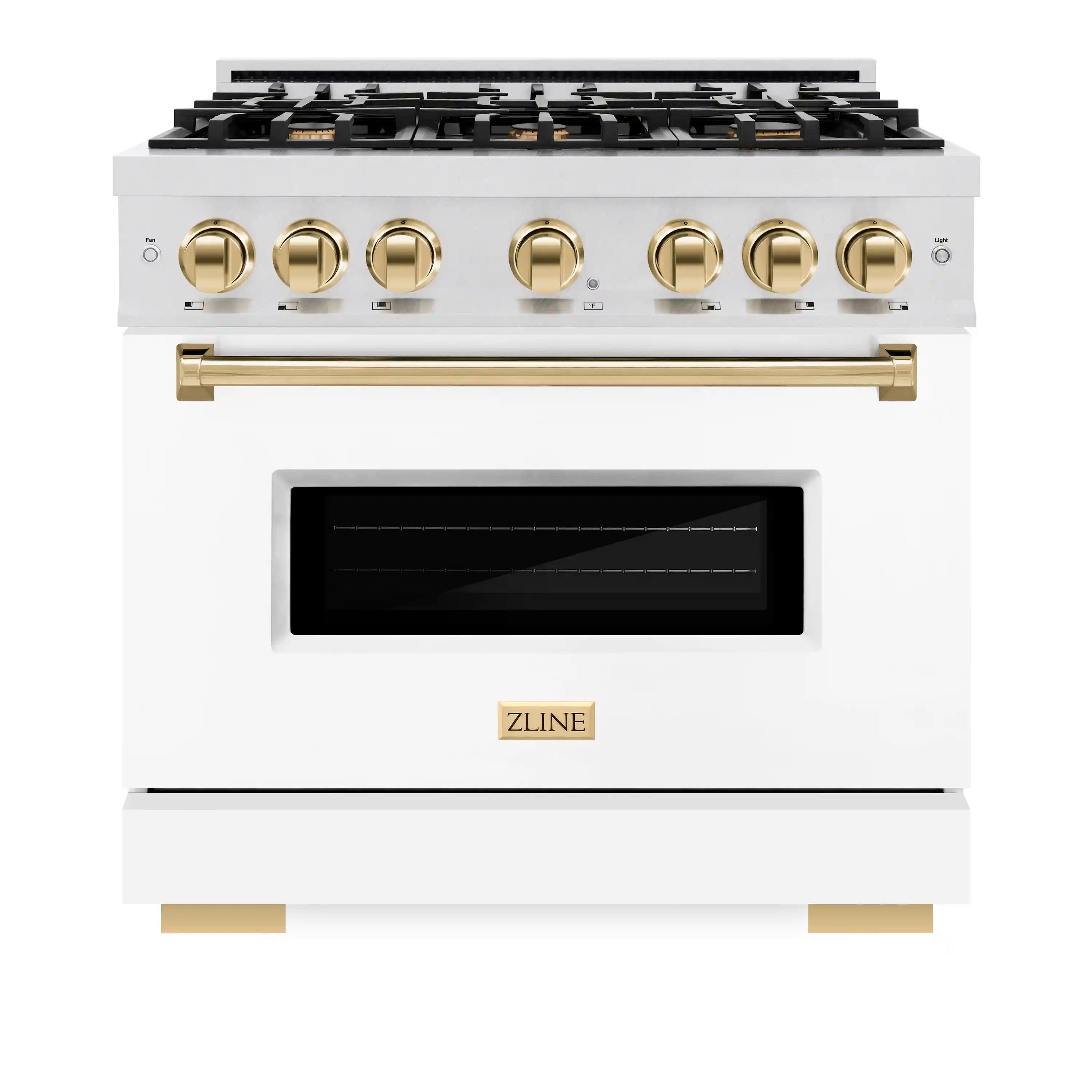 White freestanding gas range with gold control knobs and black glass oven door