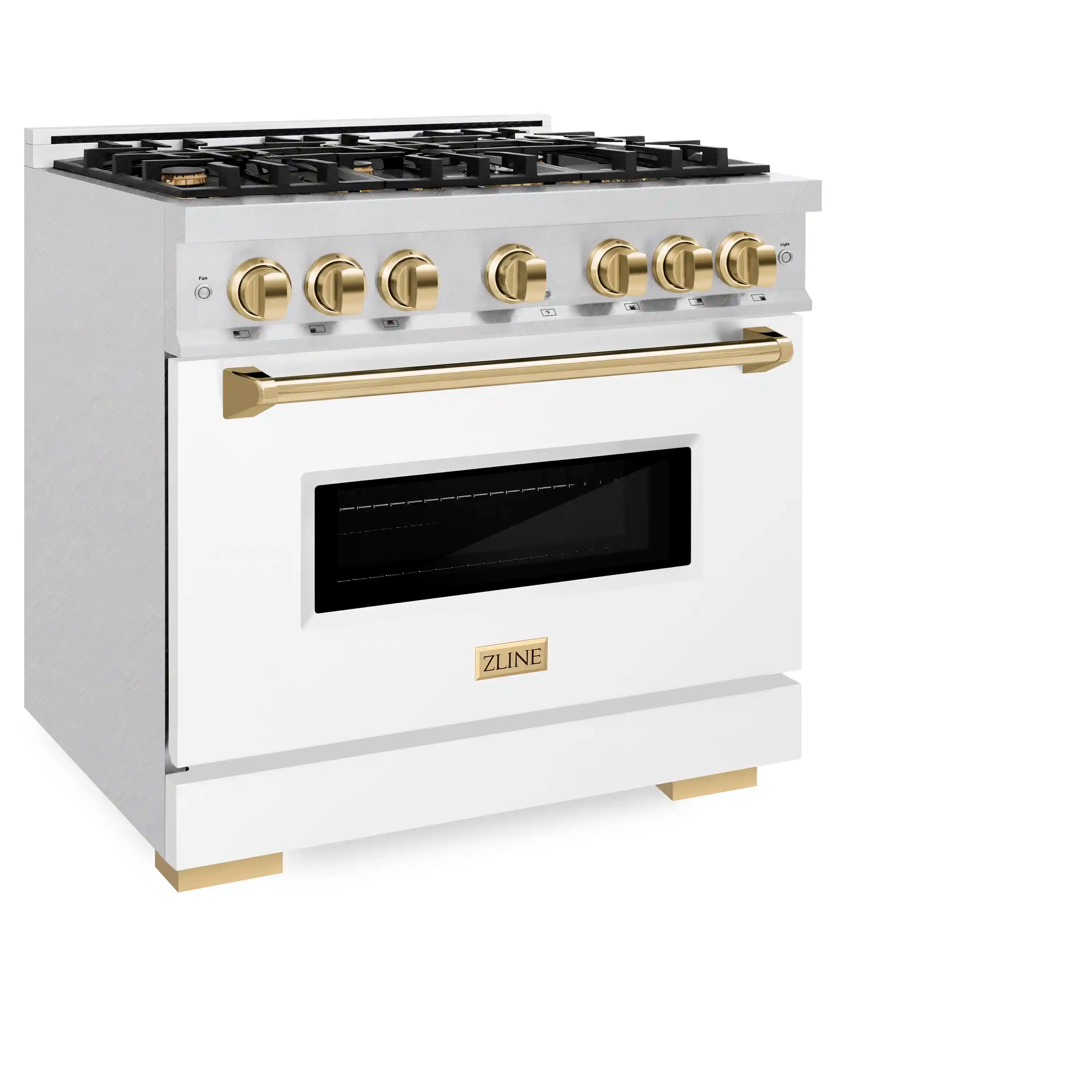 White freestanding gas range with stainless cooktop and gold handle