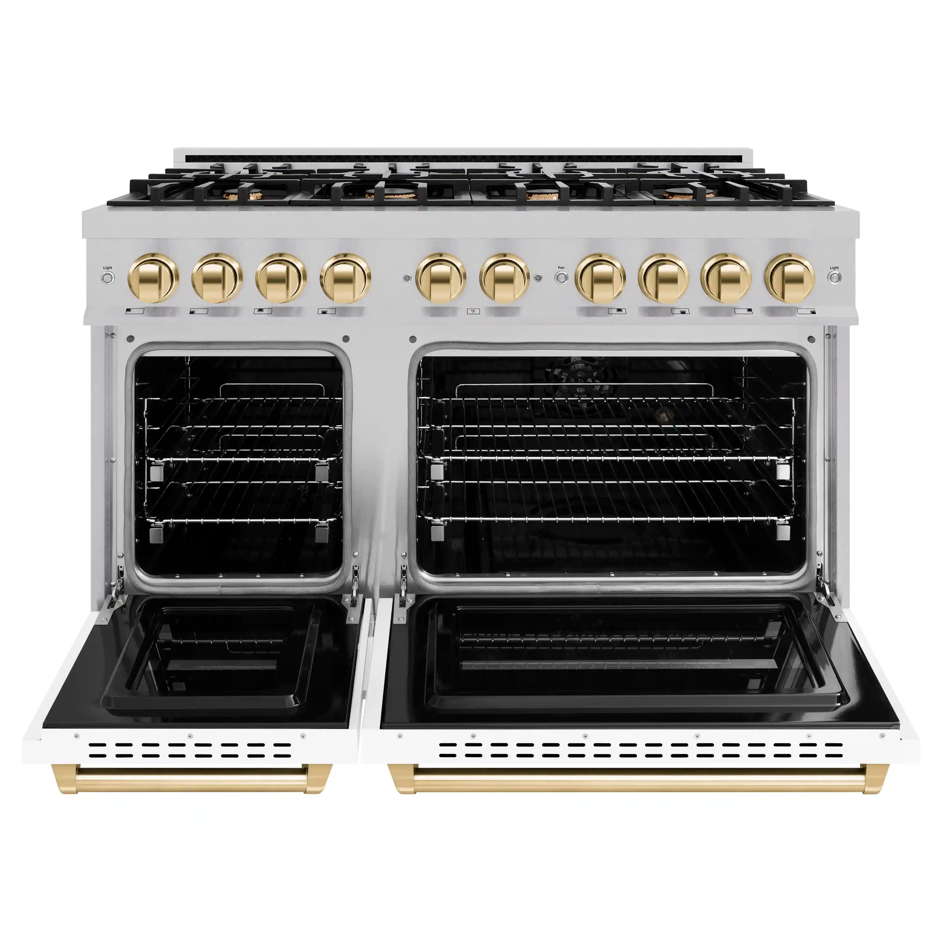 White gas range with satin stainless front, gold knobs, and open dual ovens