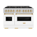 ZLINE Autograph Edition 48-Inch Classic Series Gas Range with 8 Gas Burner Cooktop and 6.7 Cu. Ft. Gas Convection Oven in Satin Stainless Steel with White Matte Doors and Polished Gold Accents (CGRSZ-WM-48-G)