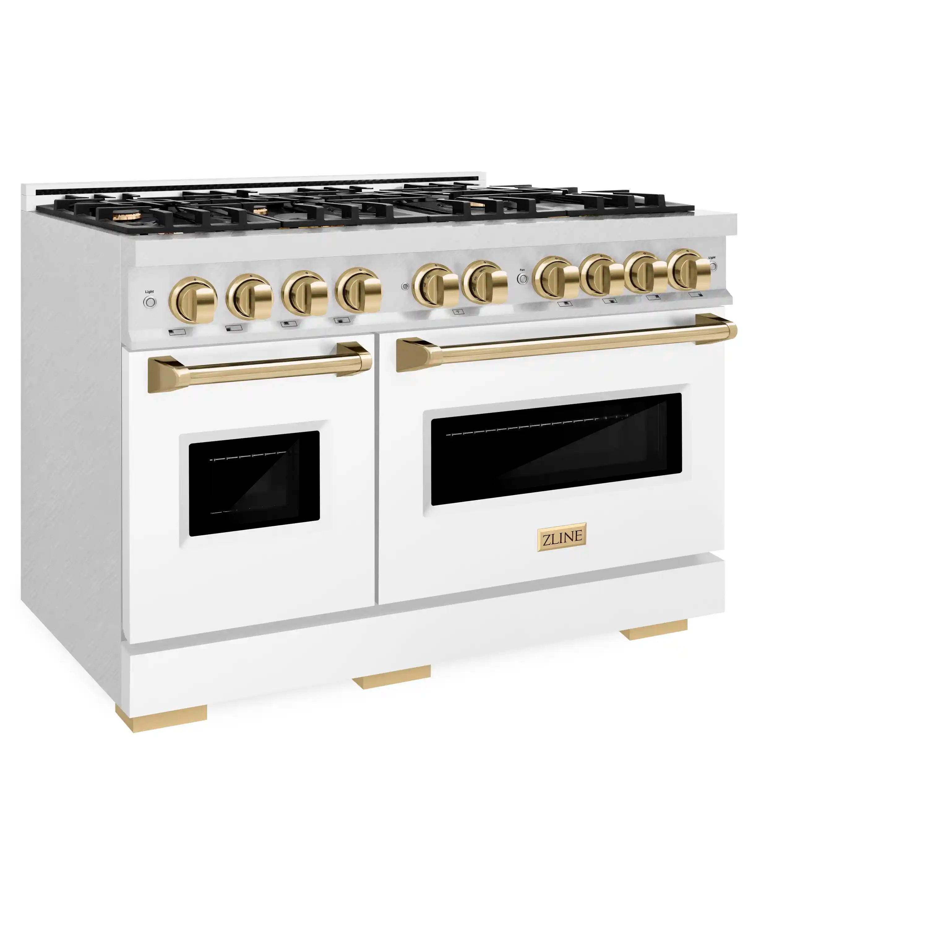 Satin stainless and white gas range with two oven doors, gold trim handles