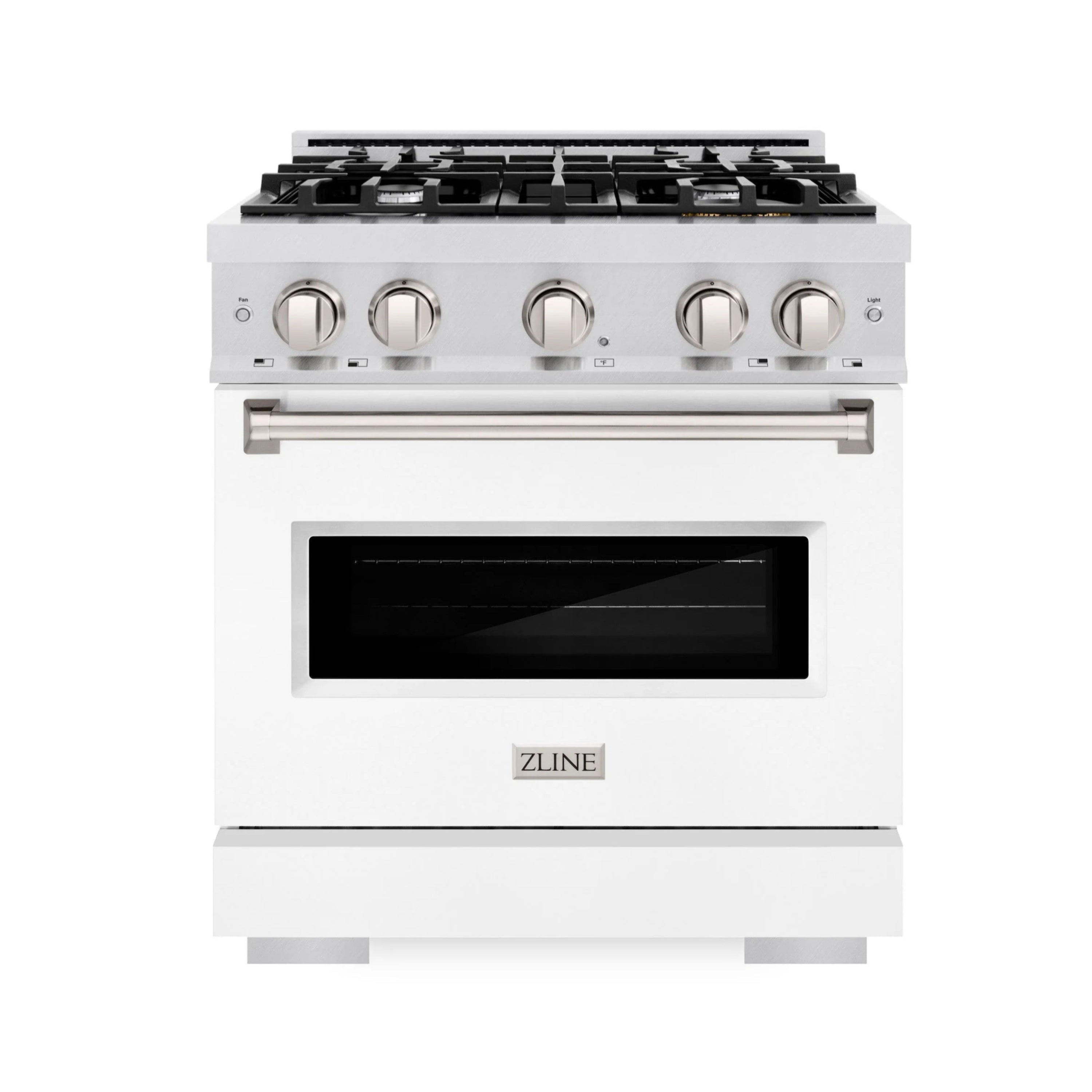 Dual fuel range front view with oven window, control knobs, and burner grates