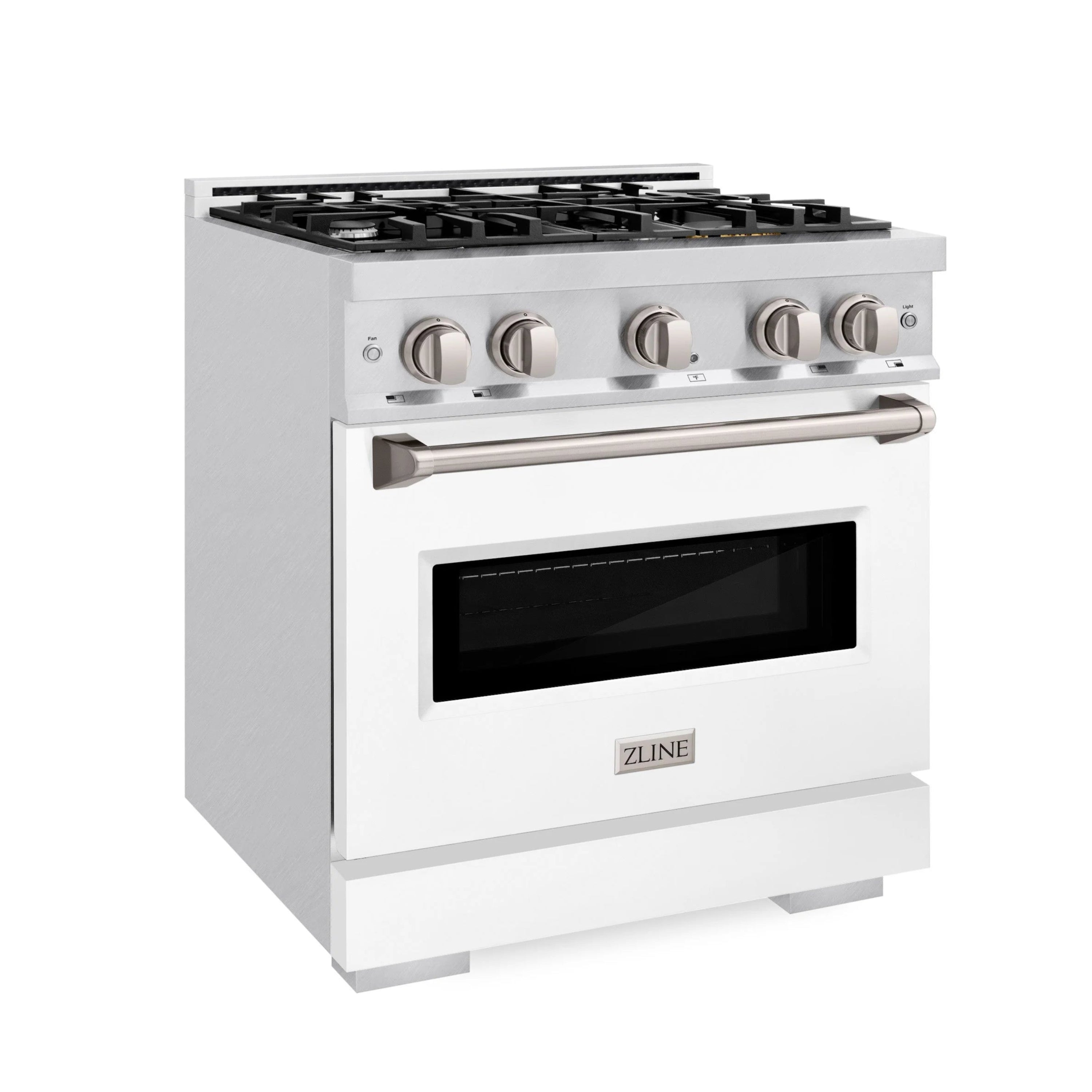 Dual fuel range front view with white matte door window and four gas burner knobs