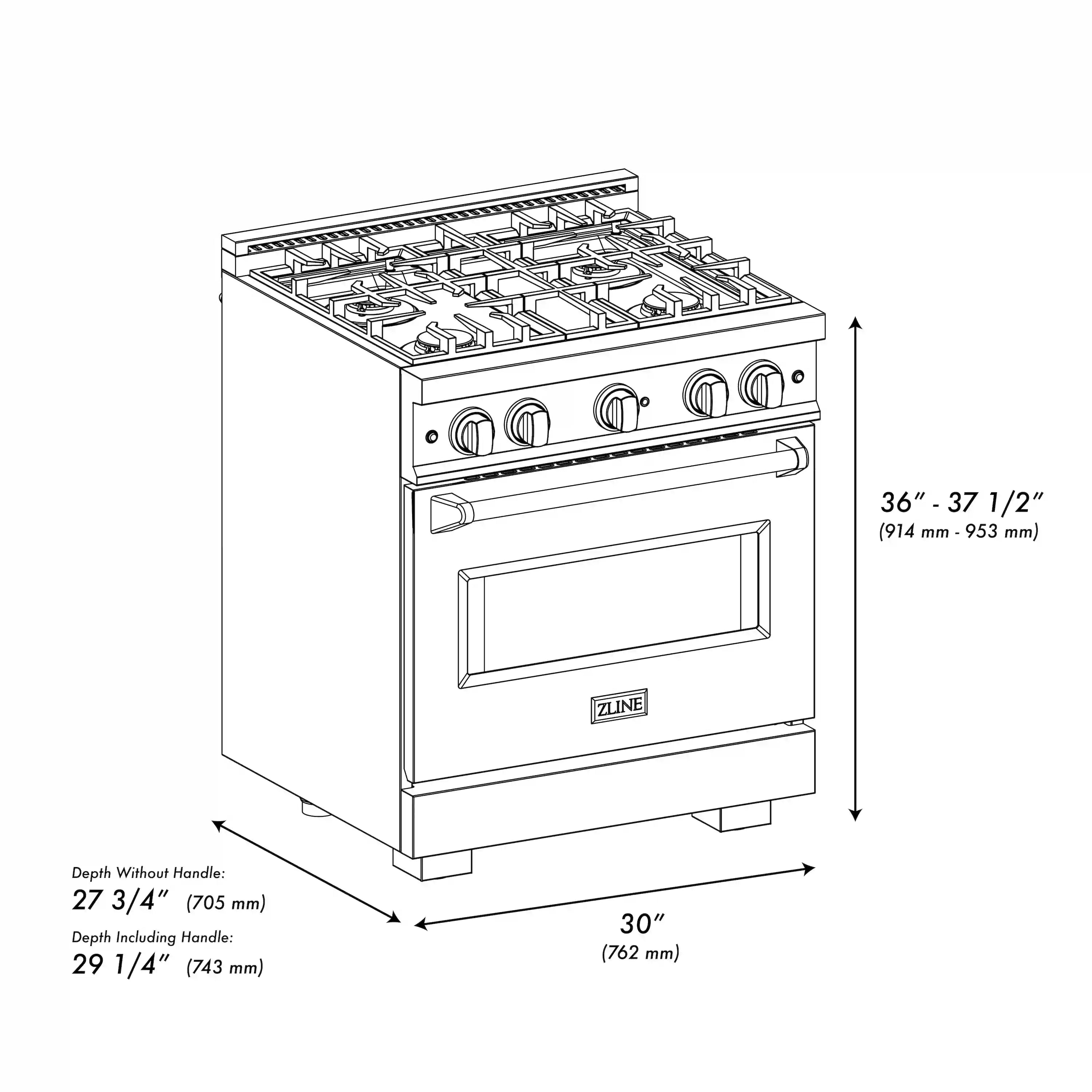 Gas range diagram showing cooktop, oven, and 30-inch dimensions