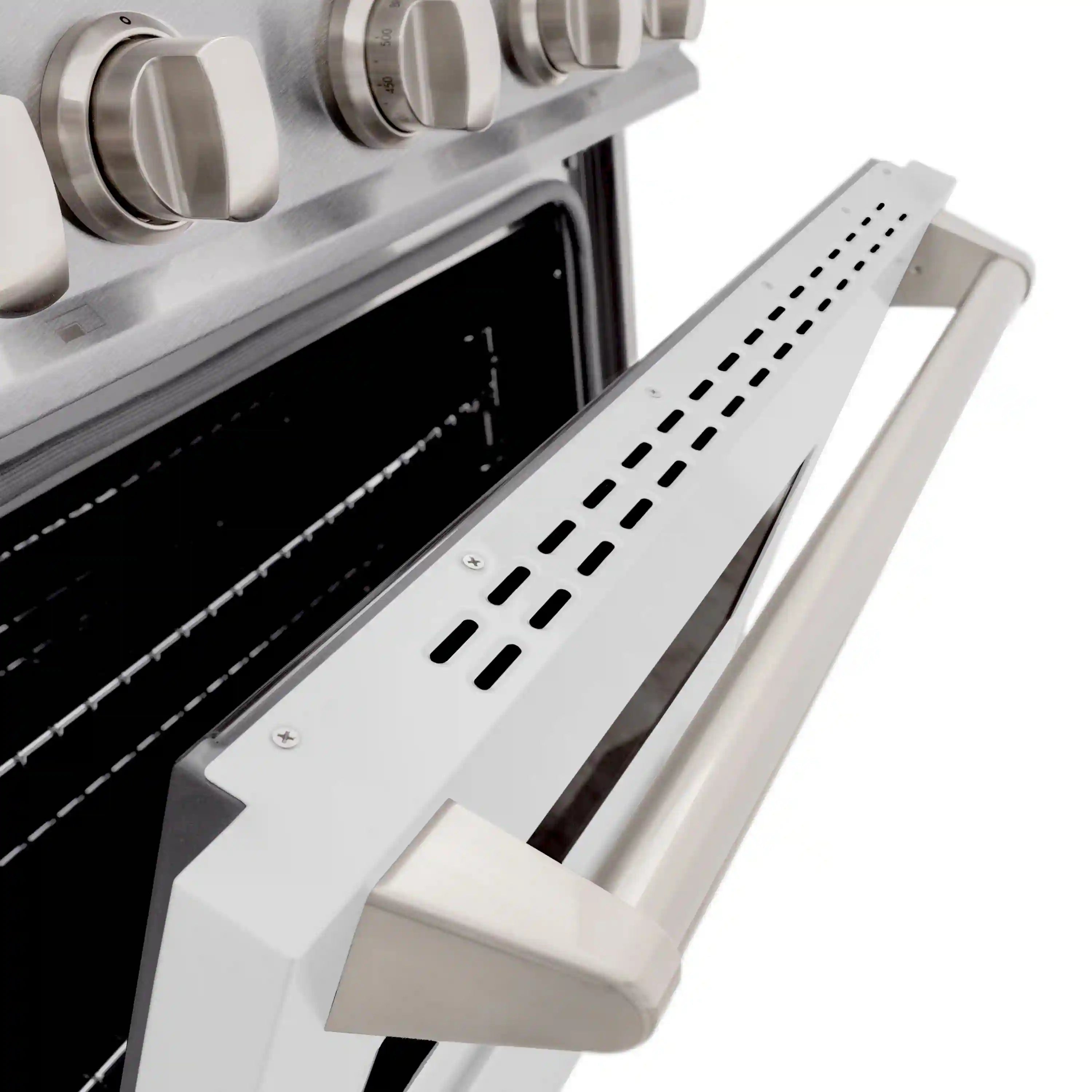 Oven vent and side rail inside stainless steel gas range