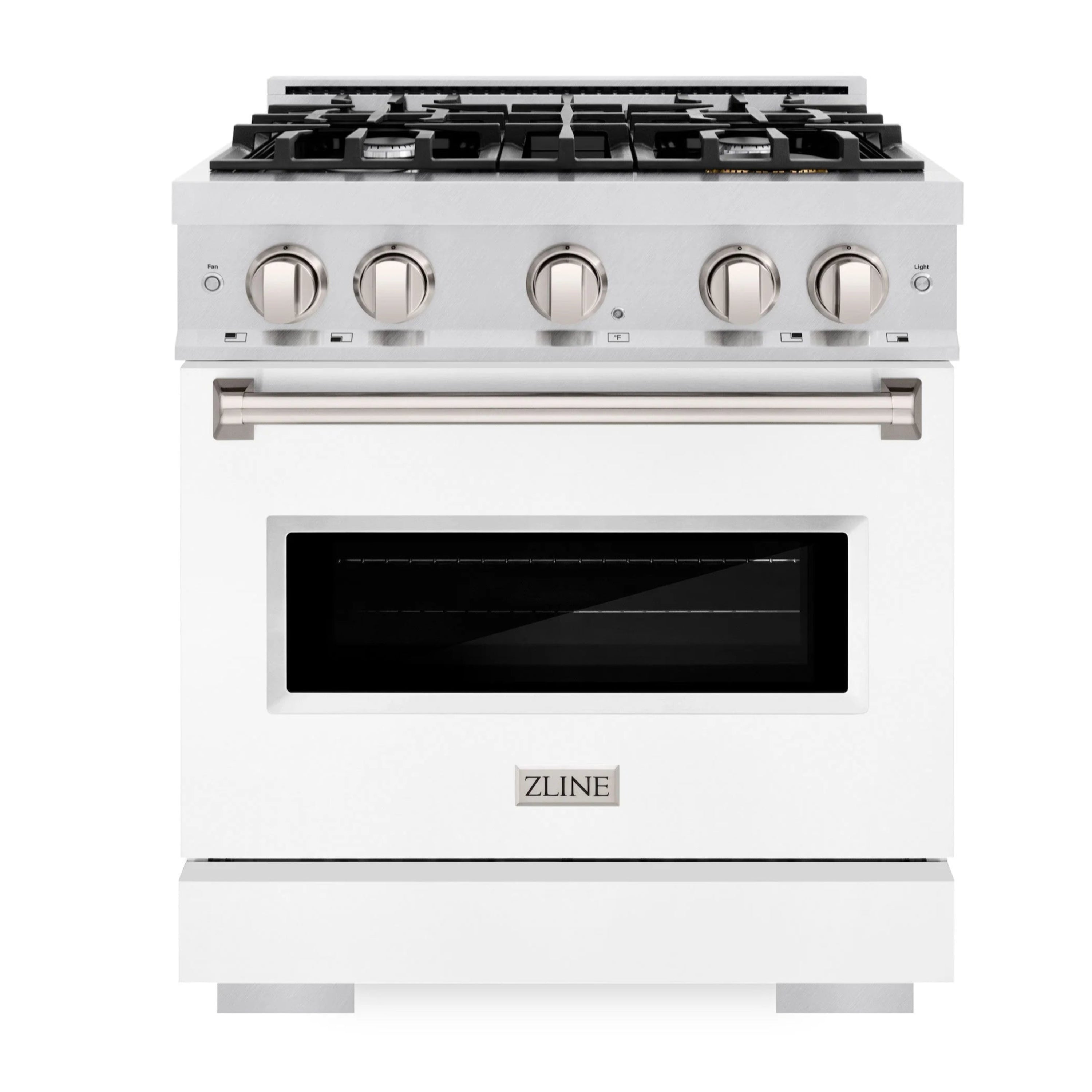 Stainless steel gas range with four burners and closed oven door