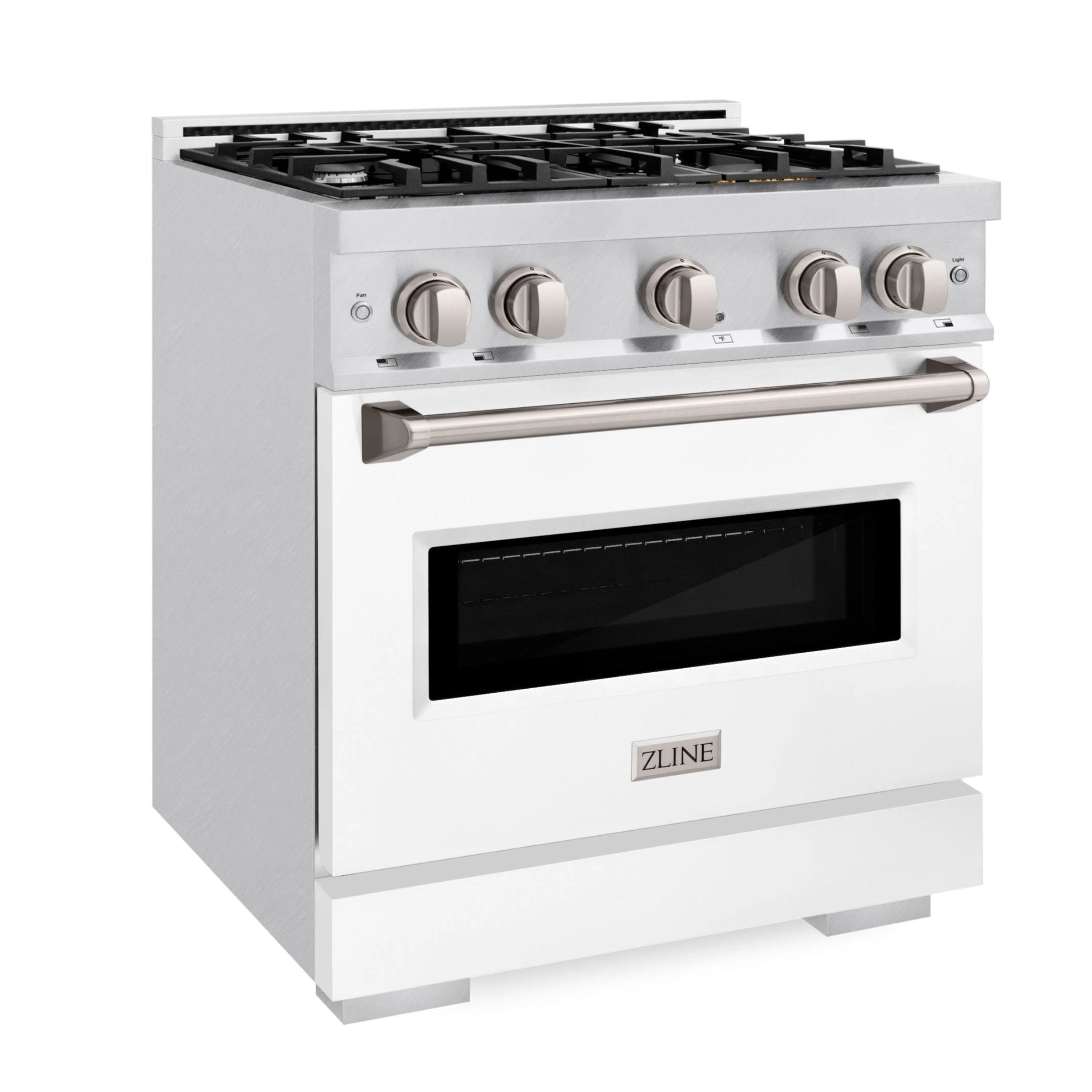 Stainless steel gas range with four burners and matte white oven door