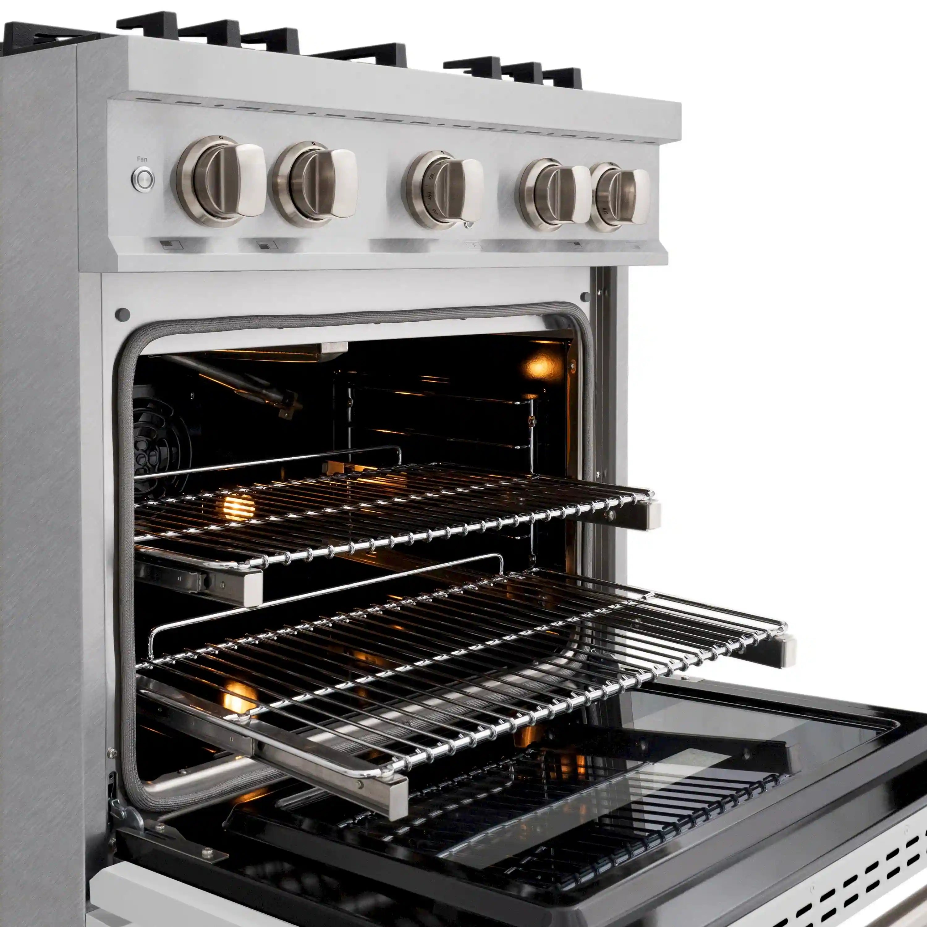 Stainless steel gas convection oven interior with racks and burners glowing