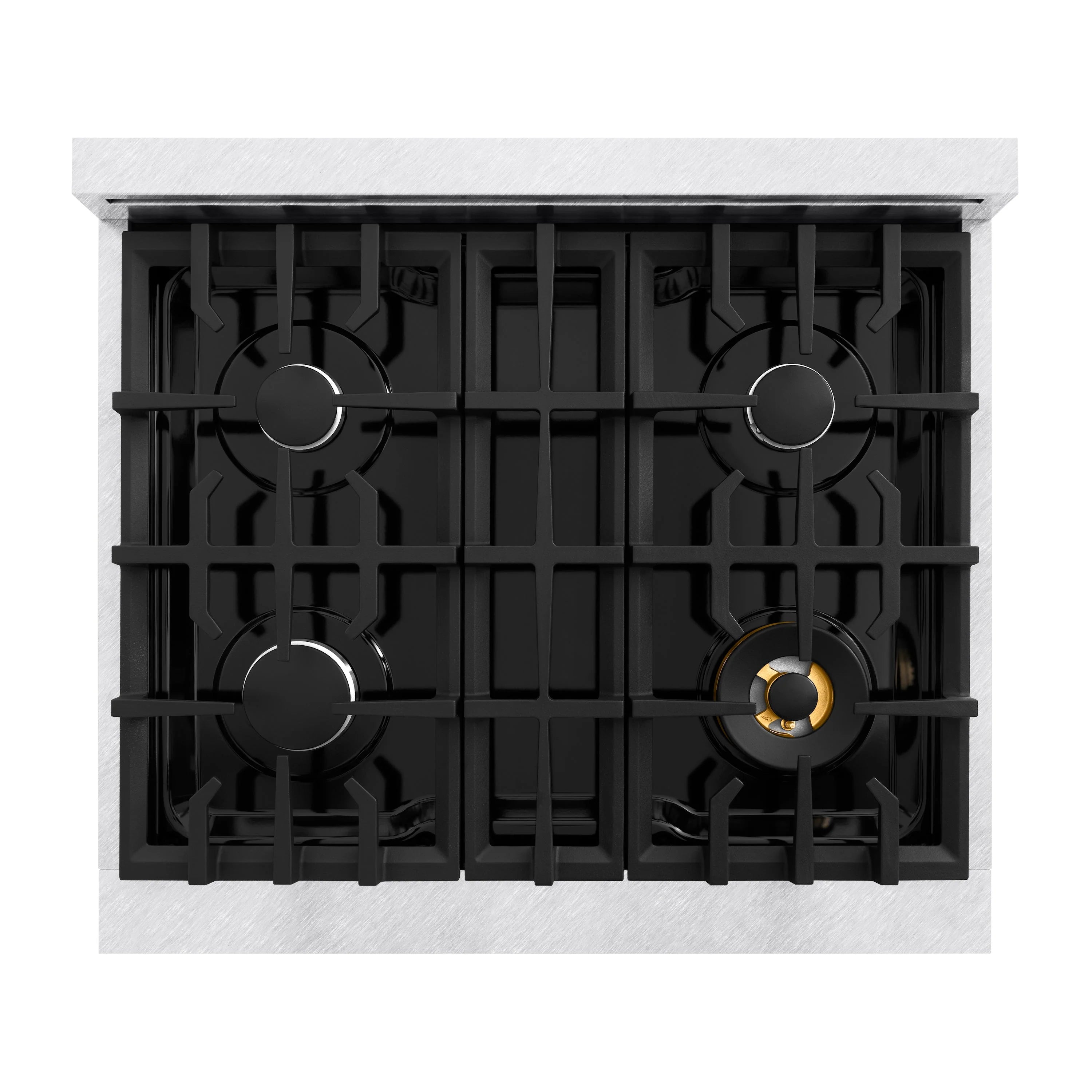 Four-burner gas cooktop with black grates on satin stainless steel range