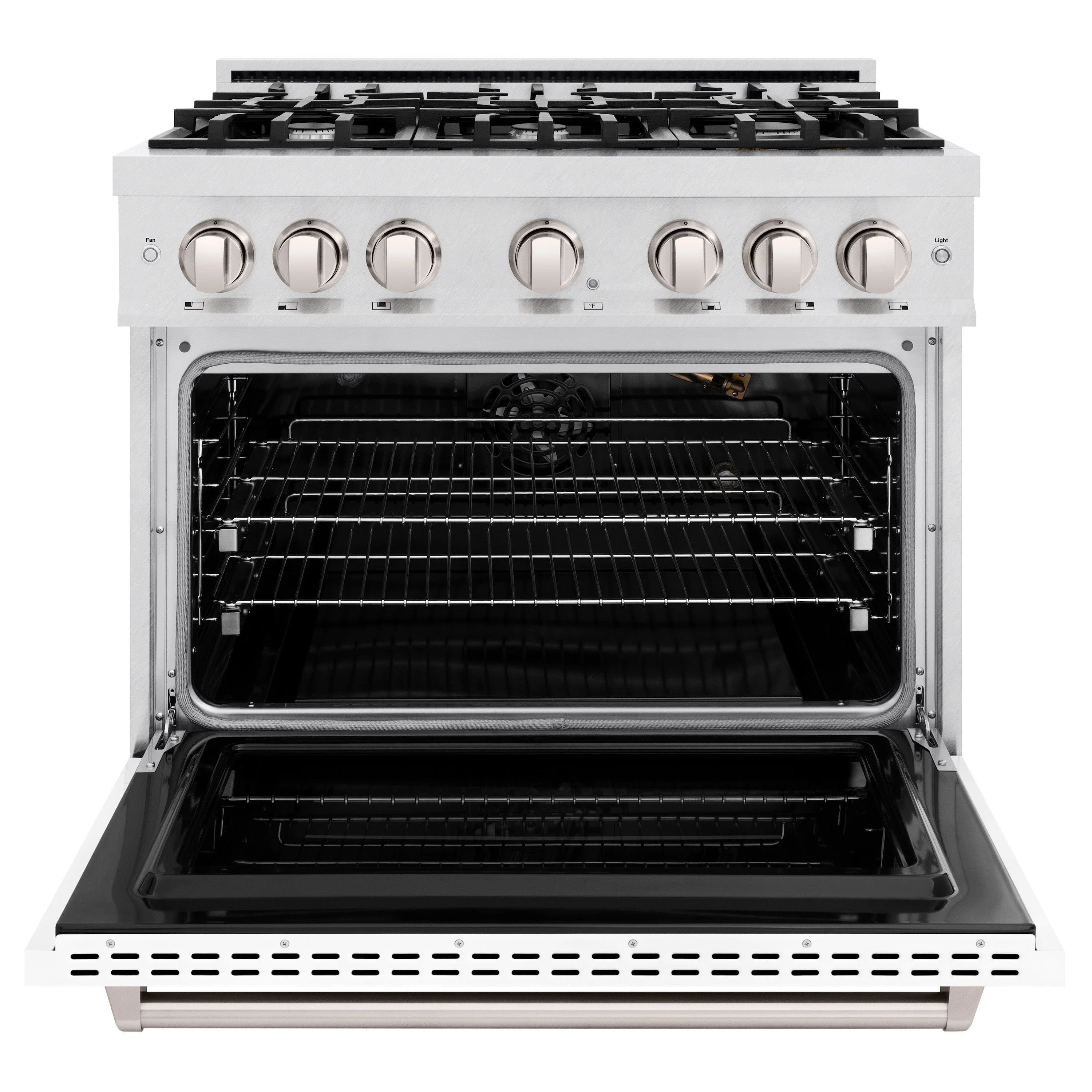 Gas range with open oven door, black racks, and satin stainless steel front