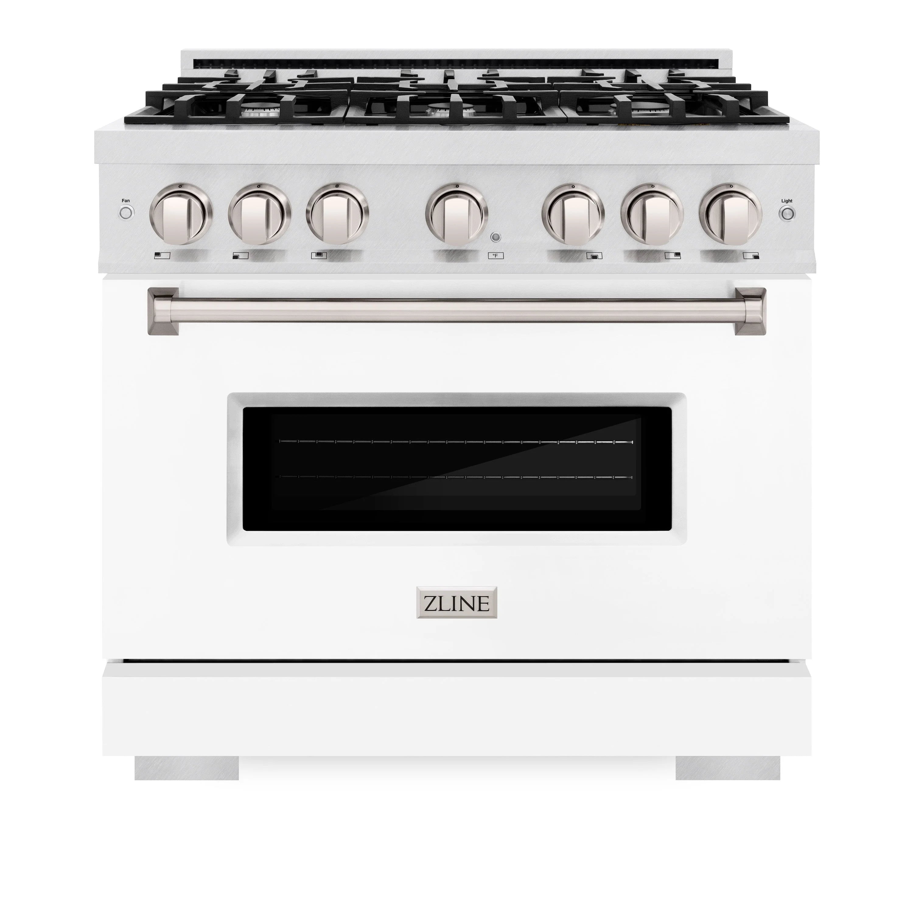 Satin stainless steel gas range with six burner knobs and viewing window door