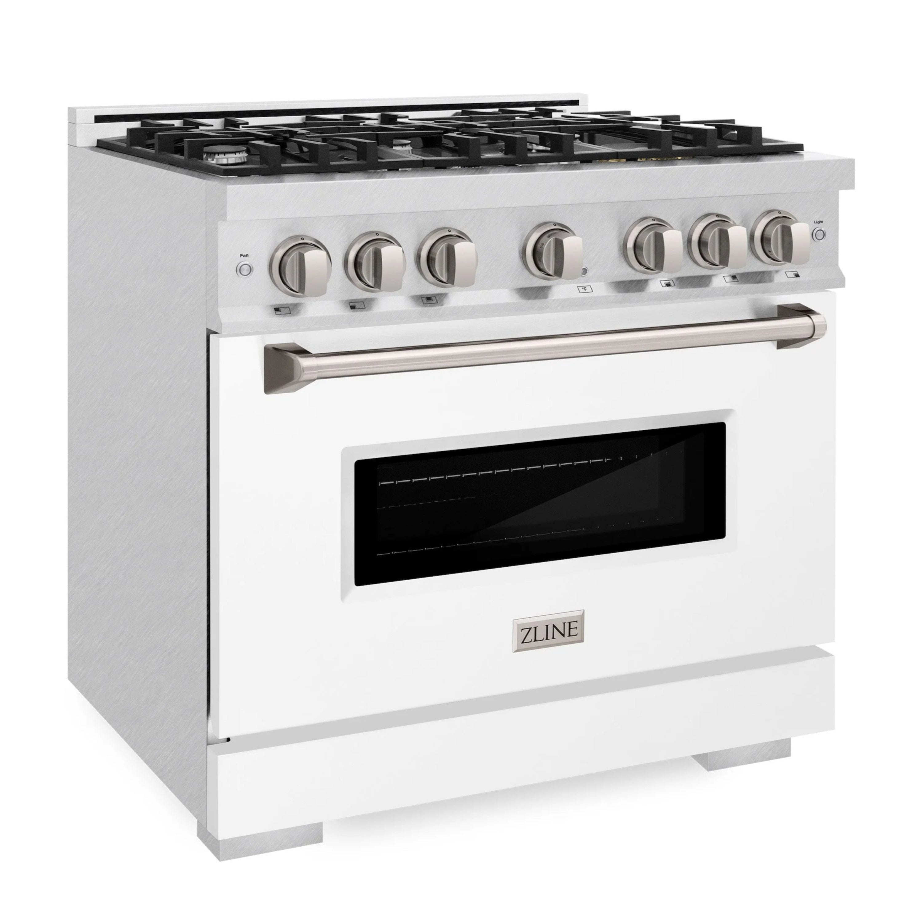 Satin stainless steel gas range with six knobs, black glass oven door, and handle