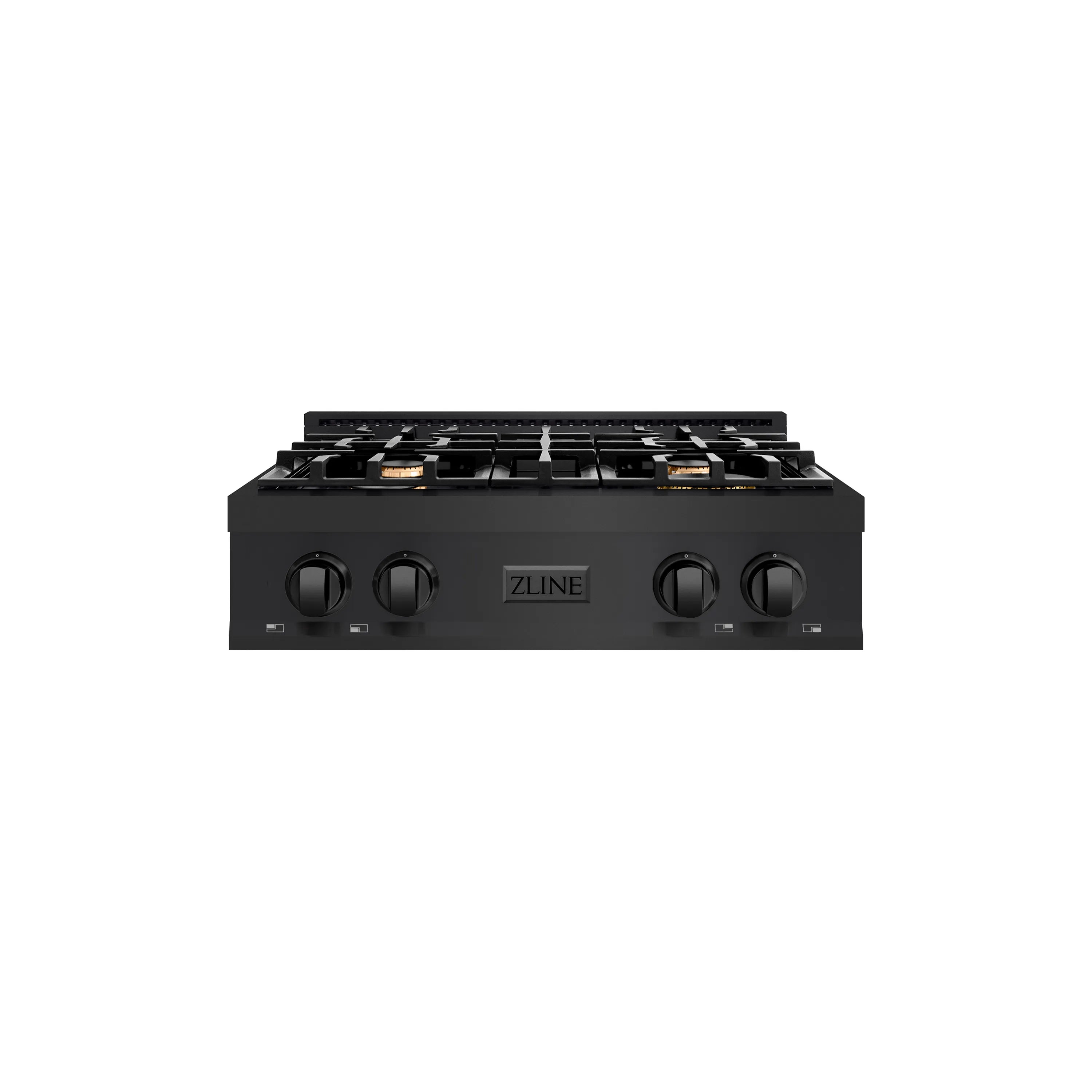 Black gas rangetop with four burners and knobs, centered front view on white background