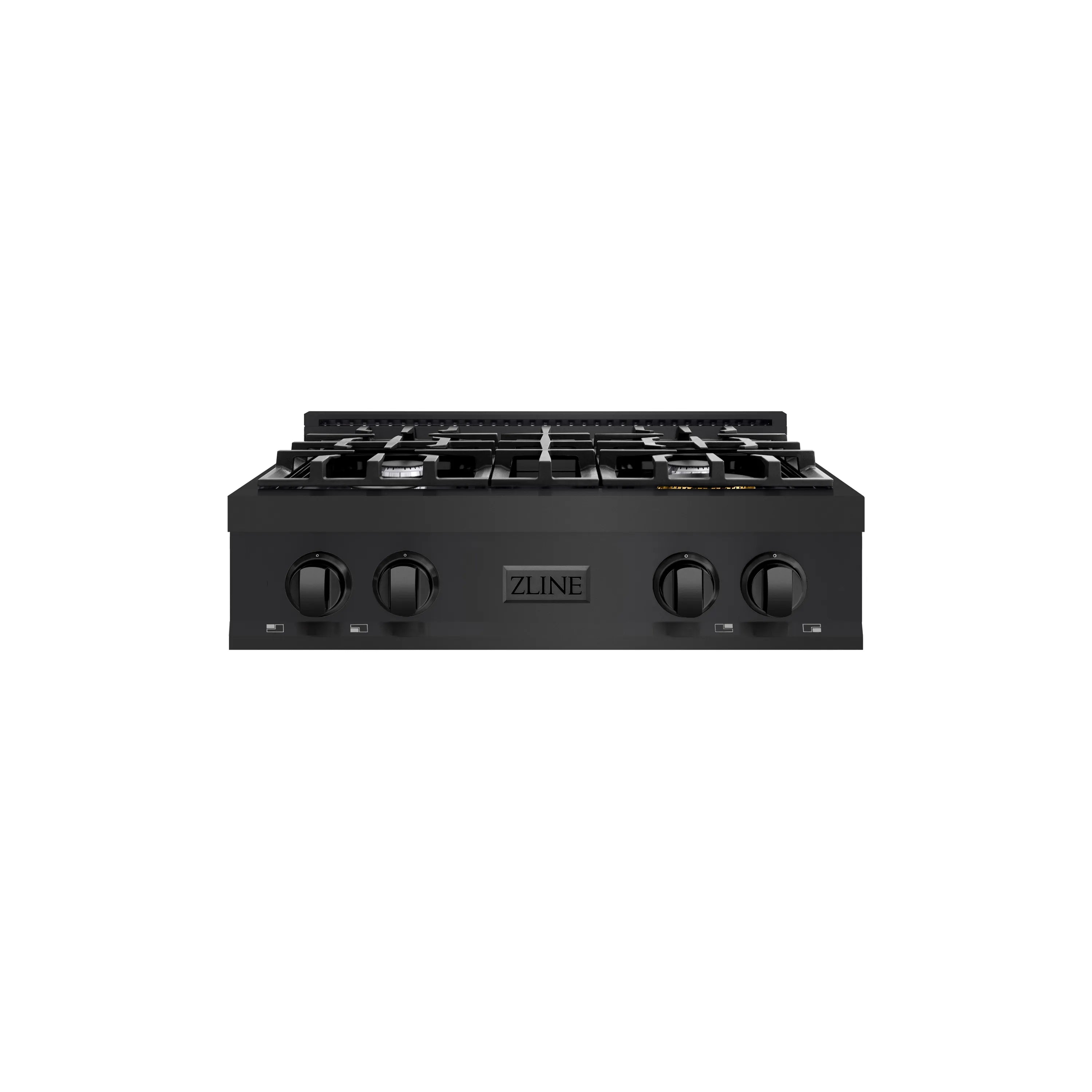 Black gas rangetop with four burners and knob controls, ZLINE center badge