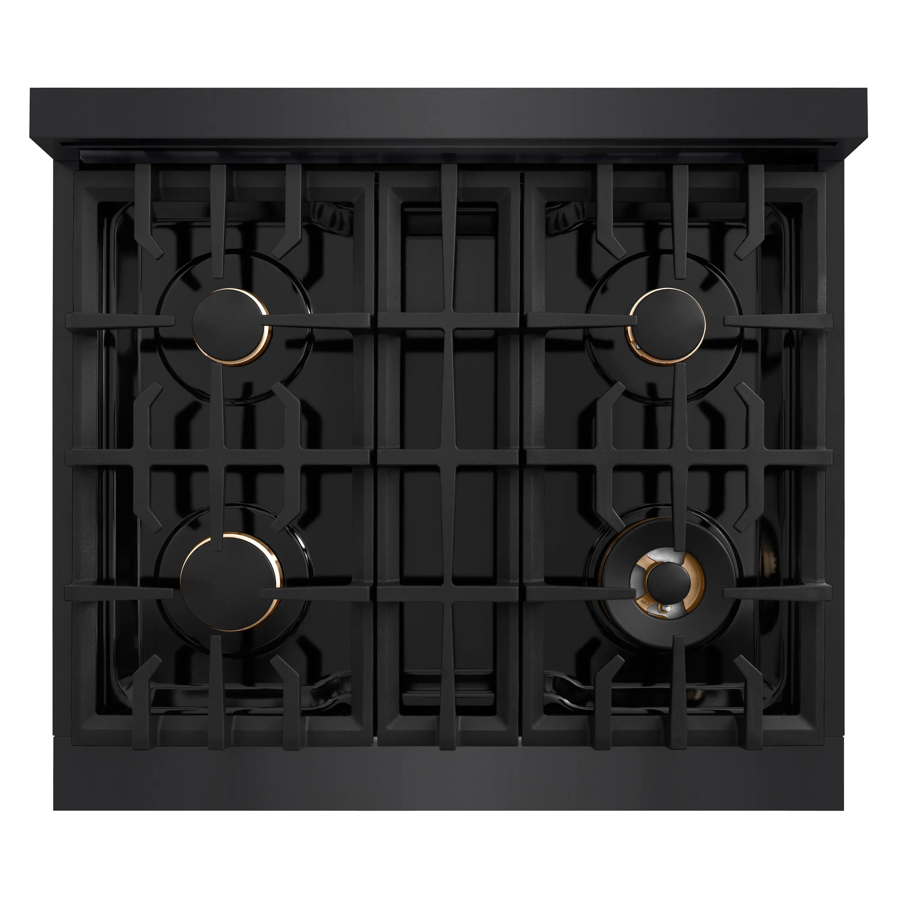 Black 4-burner gas cooktop with porcelain top and champagne bronze burner caps