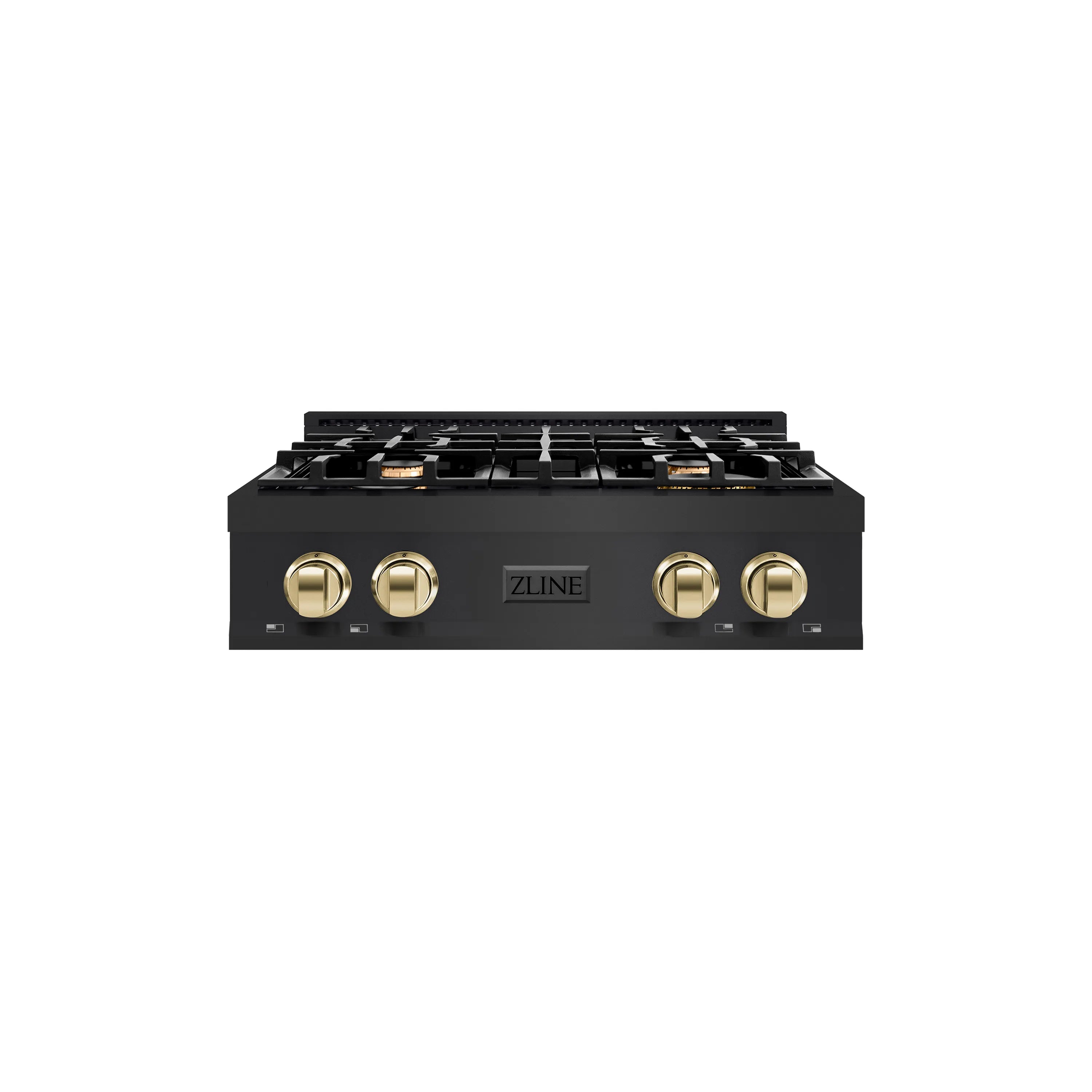 Black four-burner gas rangetop front view with gold control knobs and center logo