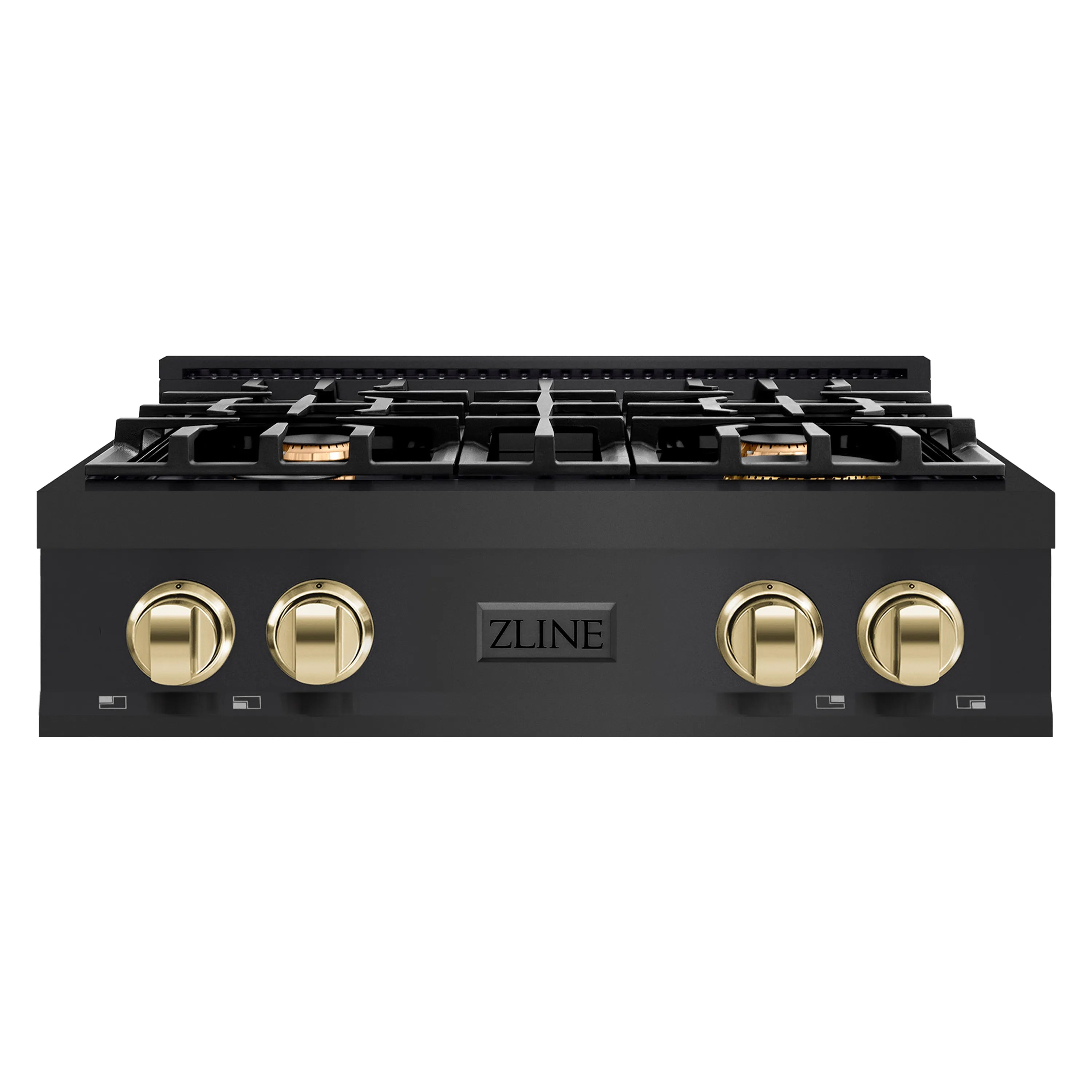 Black four-burner gas rangetop with gold control knobs and burner grates from above