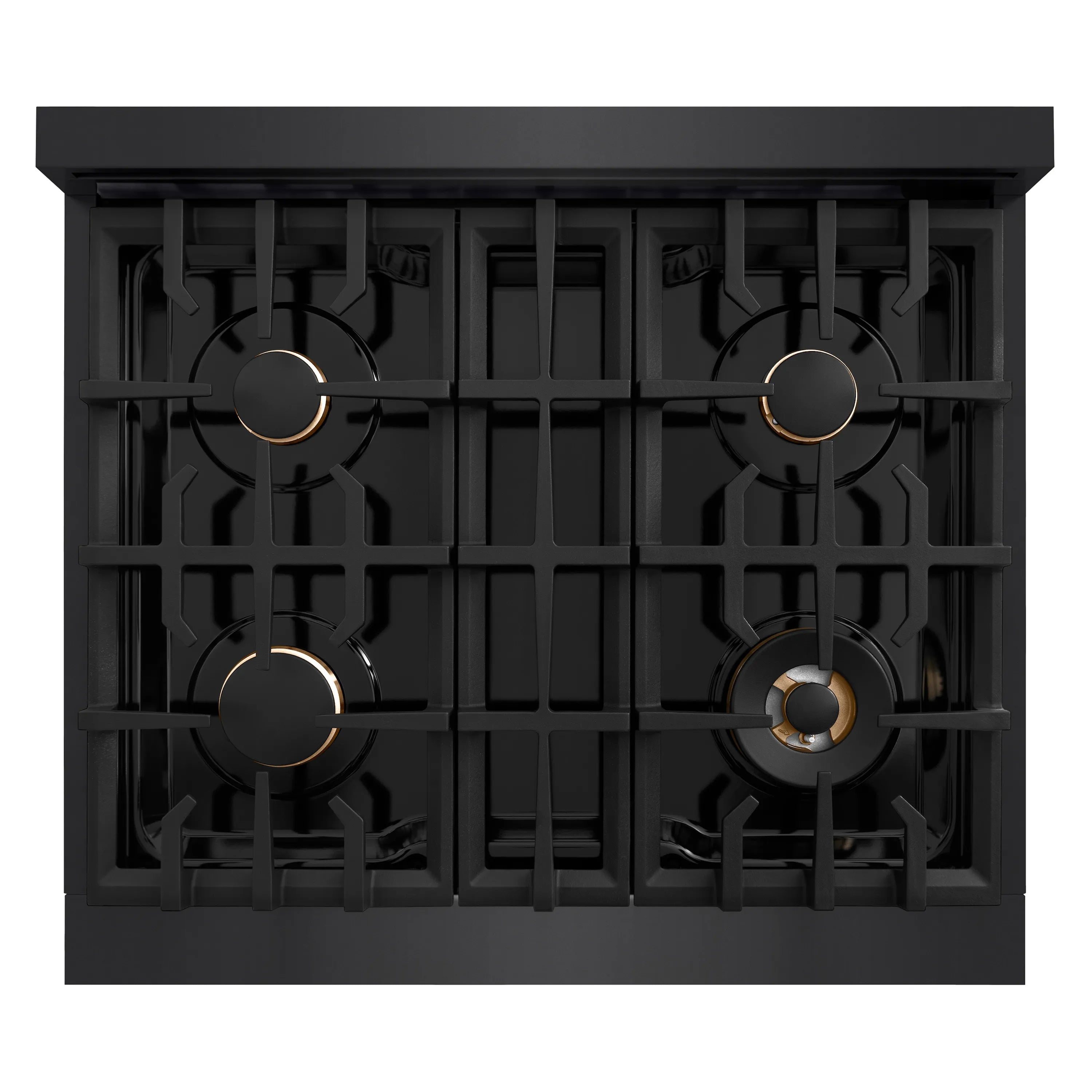 Black four-burner gas cooktop with four circular grates and gold-ring control knobs