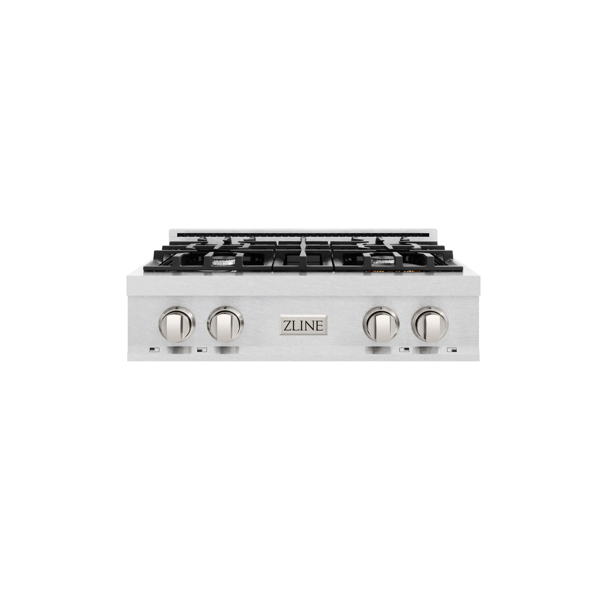 Stainless steel 4-burner gas stovetop with symmetrical knobs and black grates