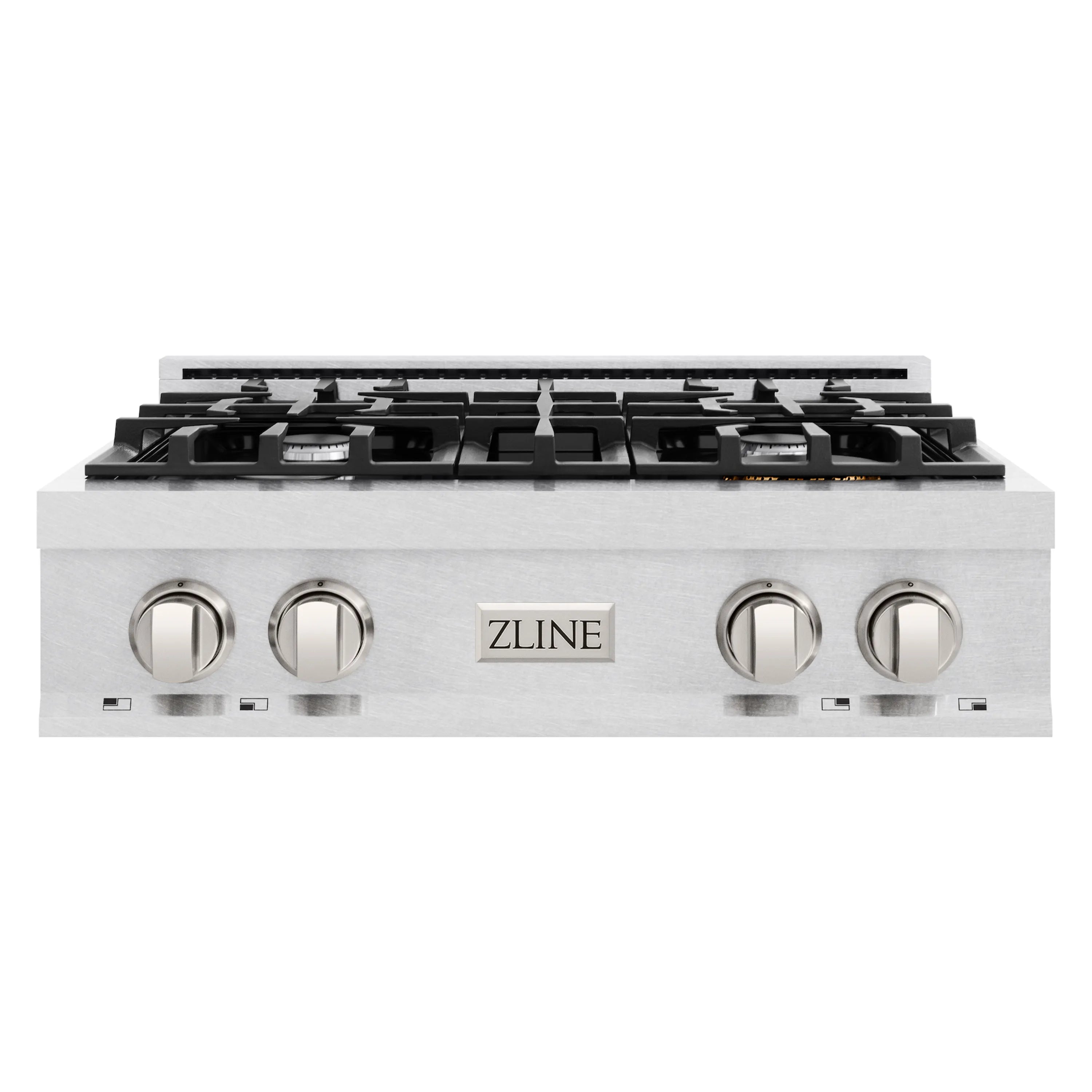 Stainless steel 4-burner gas stovetop with front control knobs and central ZLINE logo
