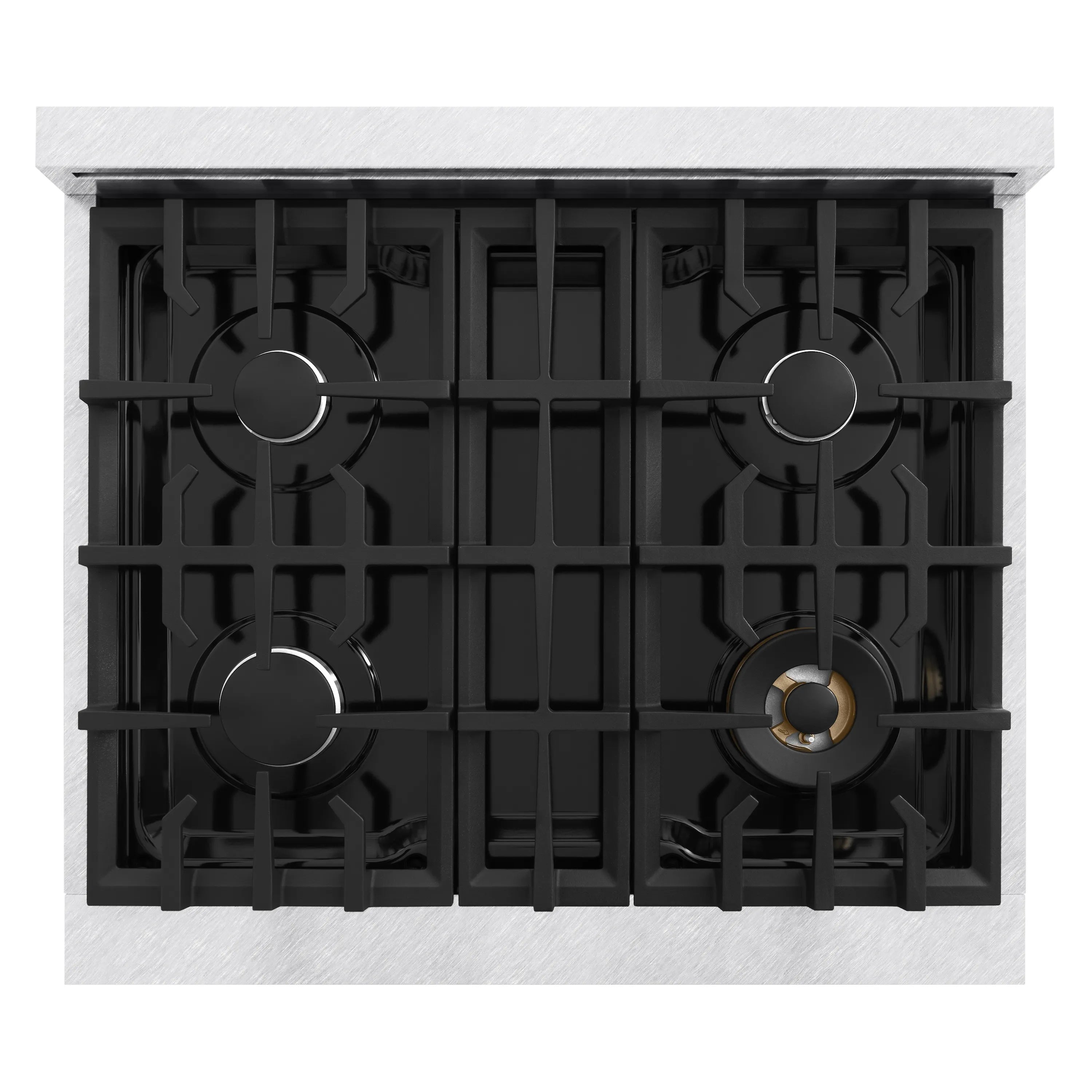 Four-burner gas cooktop with black grate and brass-colored burner ring detail