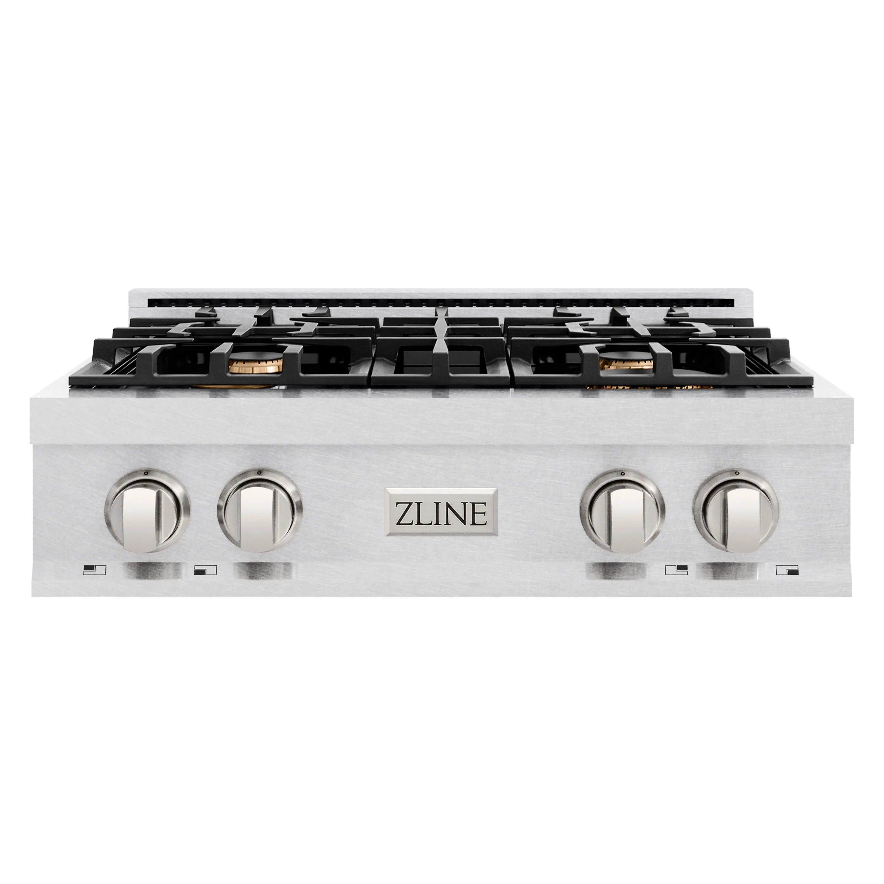 Stainless steel 30-inch gas stovetop with four burners and ZLINE control knobs
