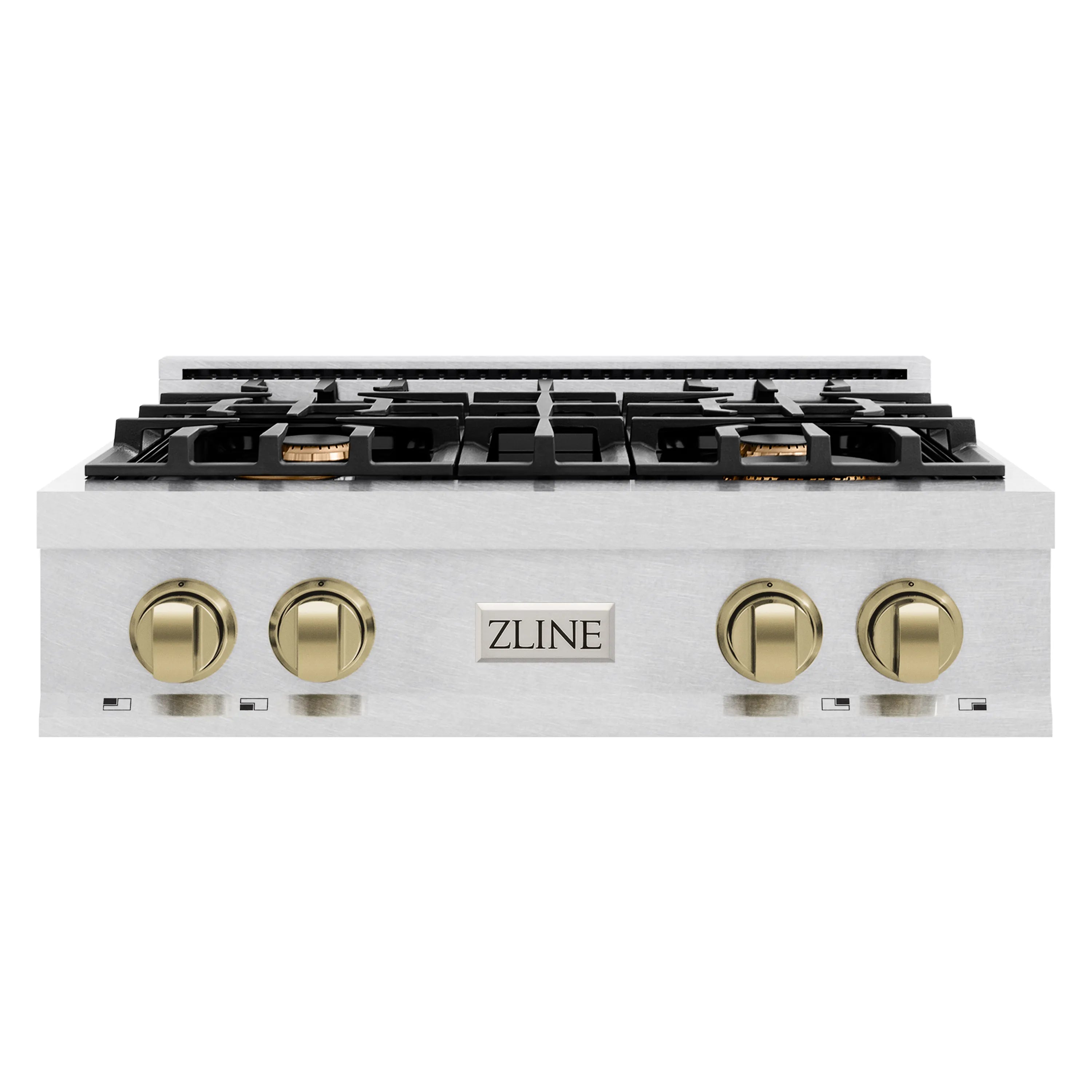 Satin stainless steel gas rangetop front with four champagne bronze knobs and grates
