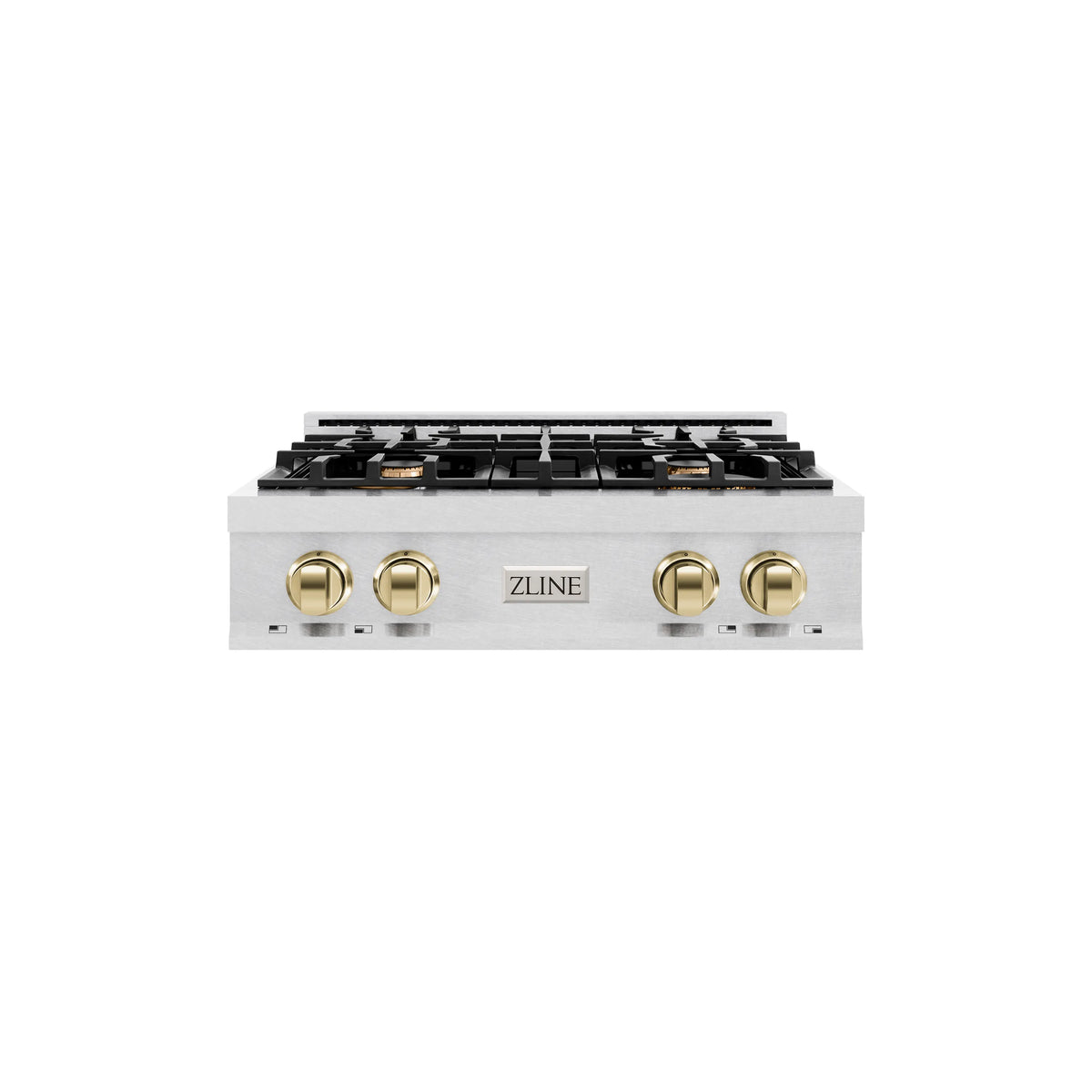 Stainless steel 4-burner gas rangetop with gold control knobs and central logo