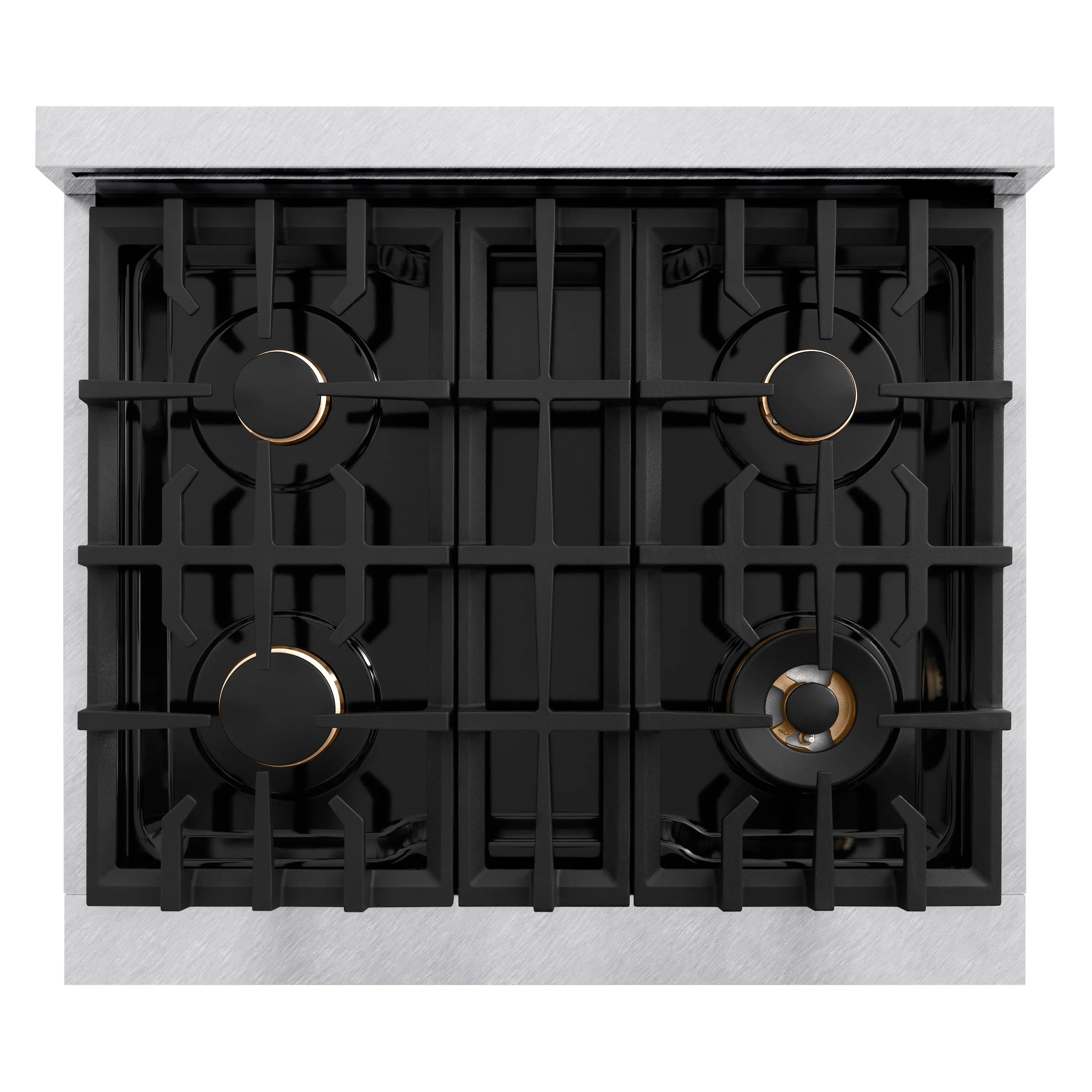 4-burner gas rangetop with black porcelain grates and gold-accented burner rings