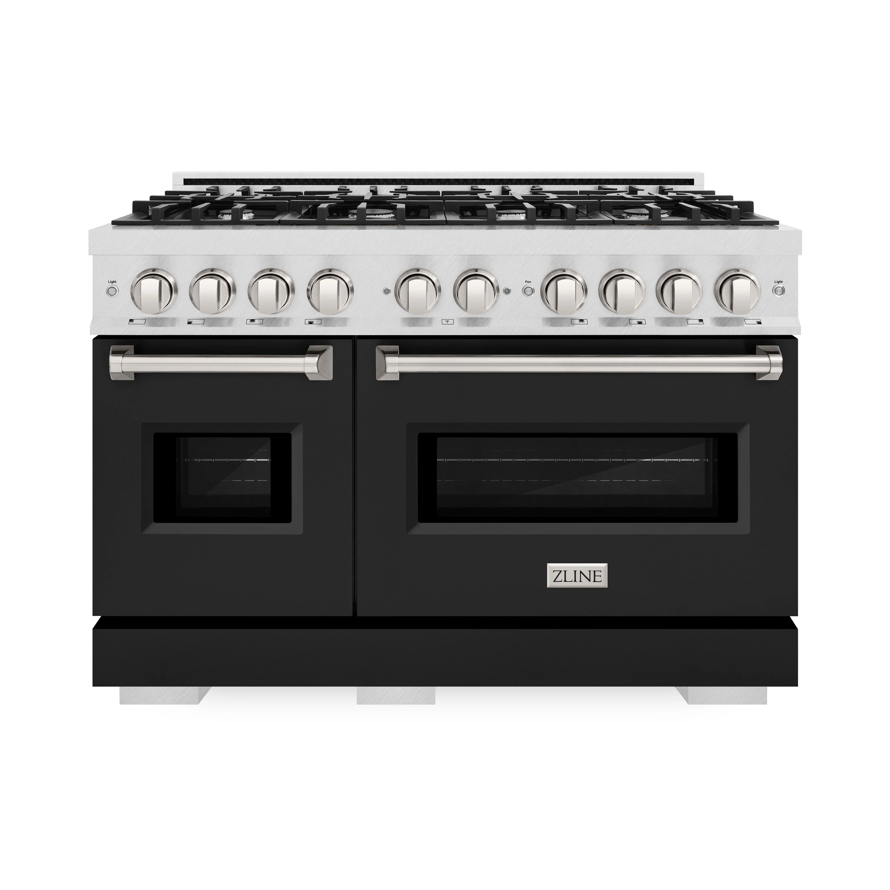 Stainless top dual-fuel range with black oven doors and knob controls, front view