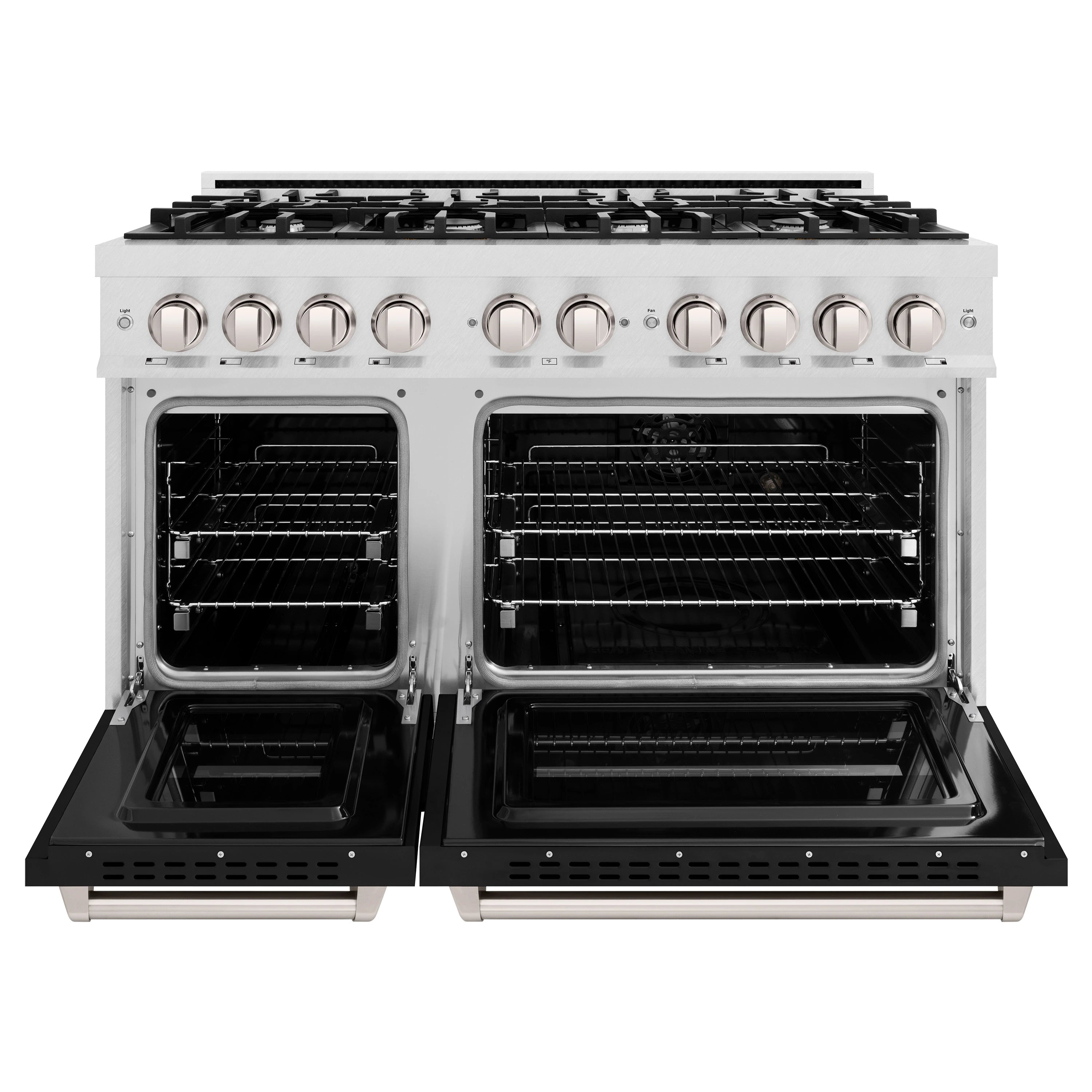 Dual oven range with both oven doors open, stainless frame, and black interior racks