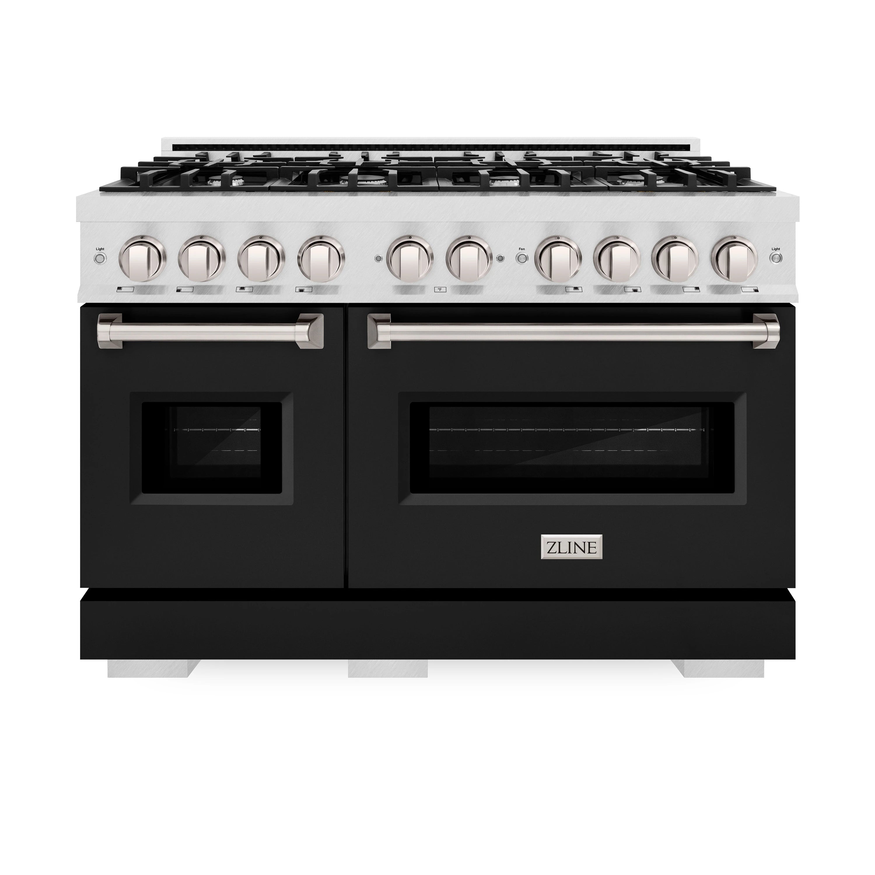 Stainless cooktop range with black oven doors, dual handles, and knob control panel