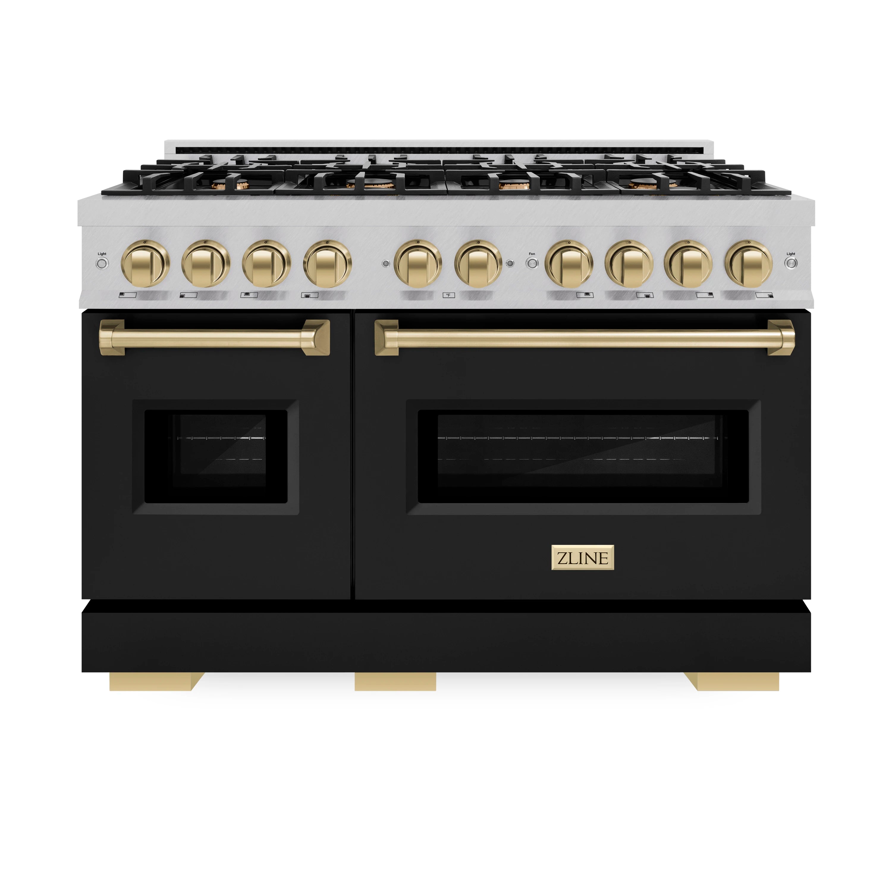 Dual fuel range with black matte doors, stainless top, and champagne bronze knobs