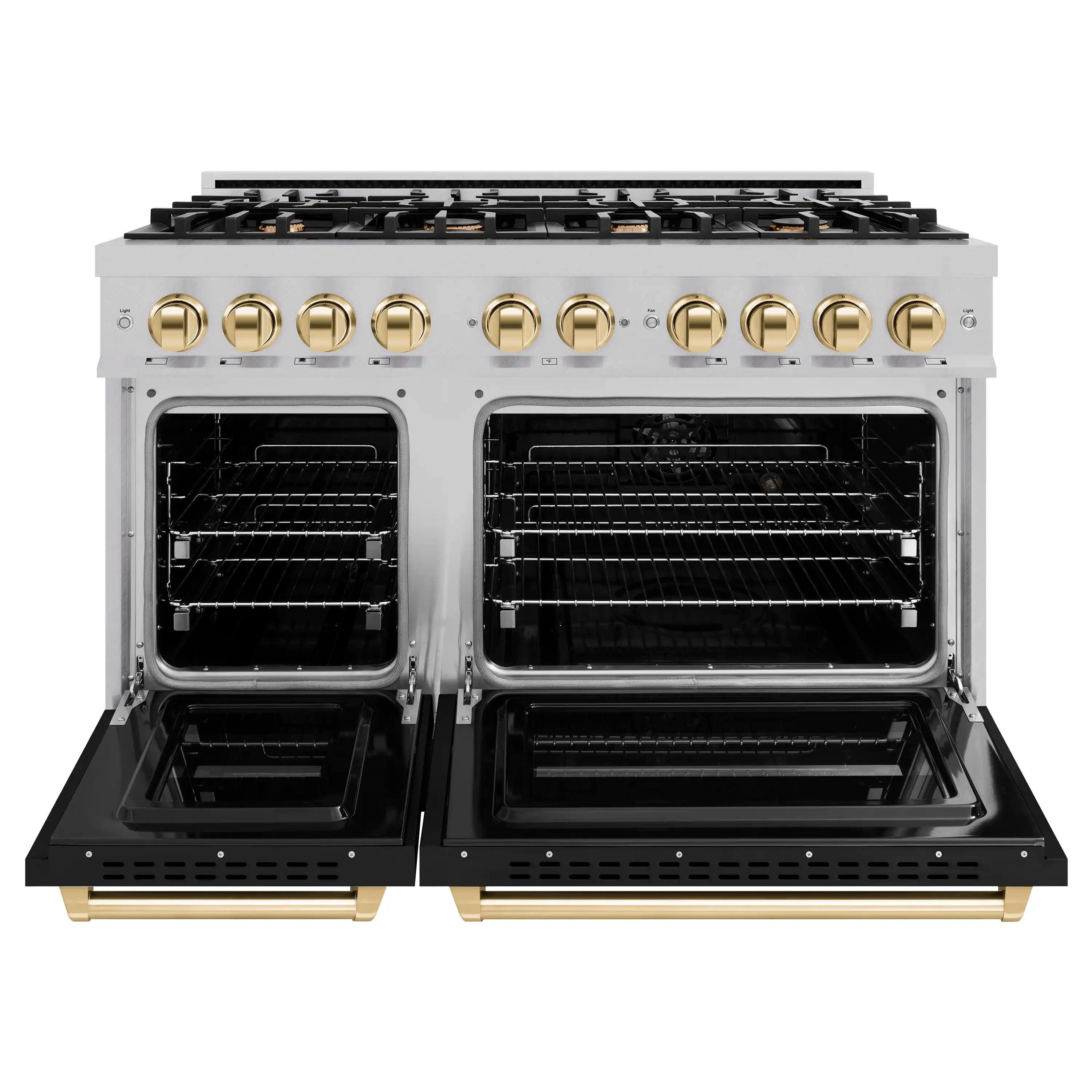 Open dual fuel range ovens with black interiors and gold-trim door handles
