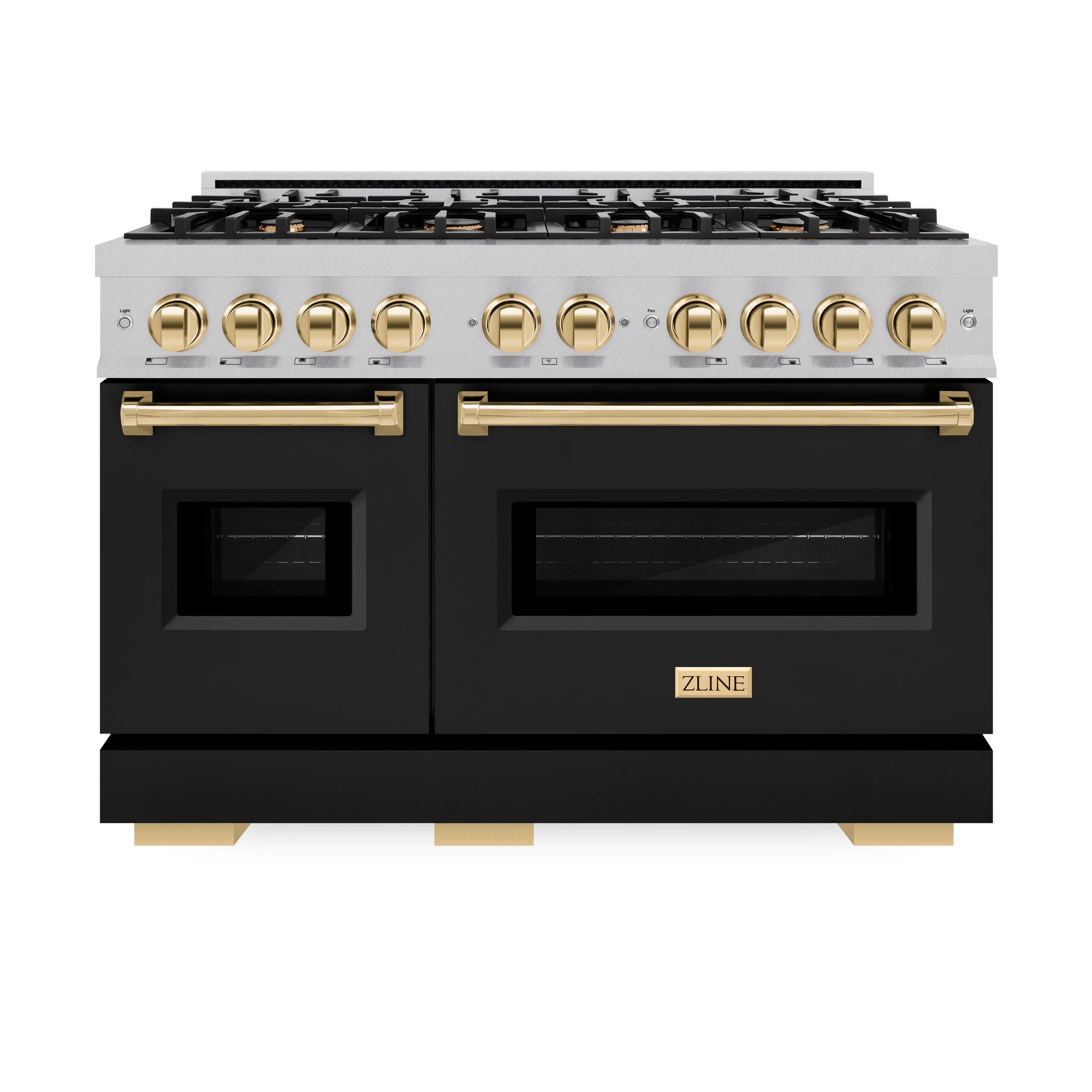 Stainless and black dual fuel range with gold knobs and twin oven doors