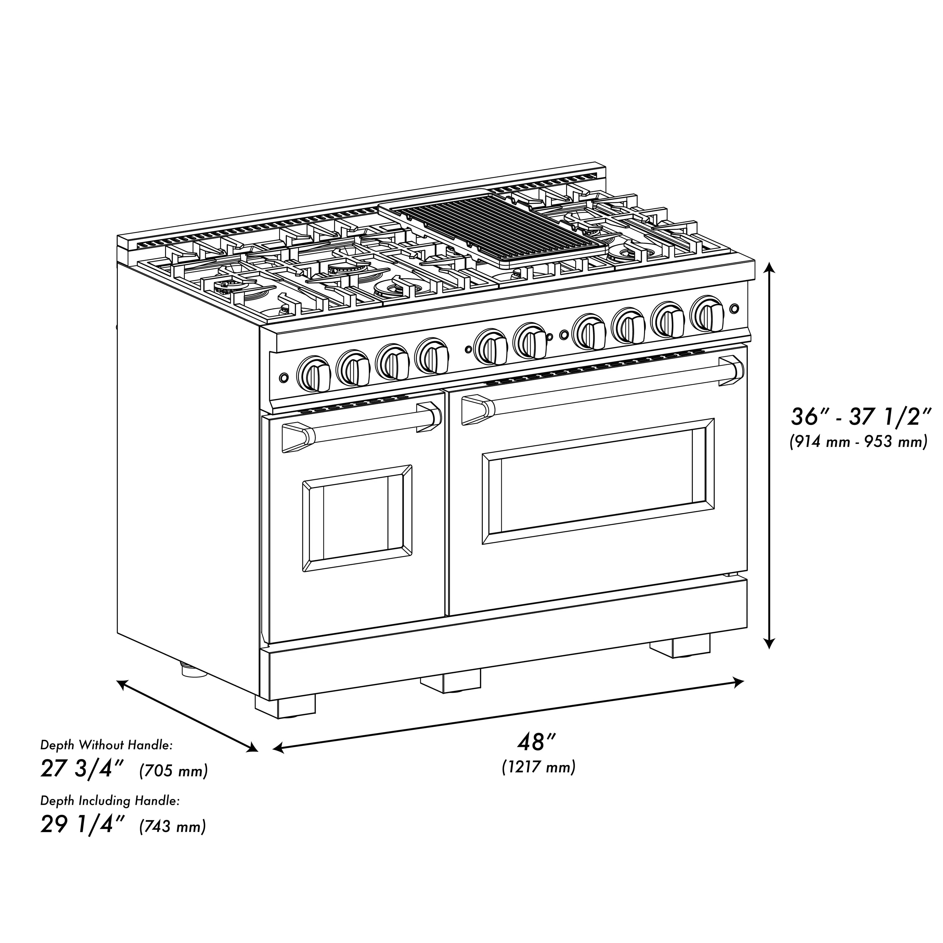 48-inch gas range with stainless cooktop, black grates, and black matte oven doors