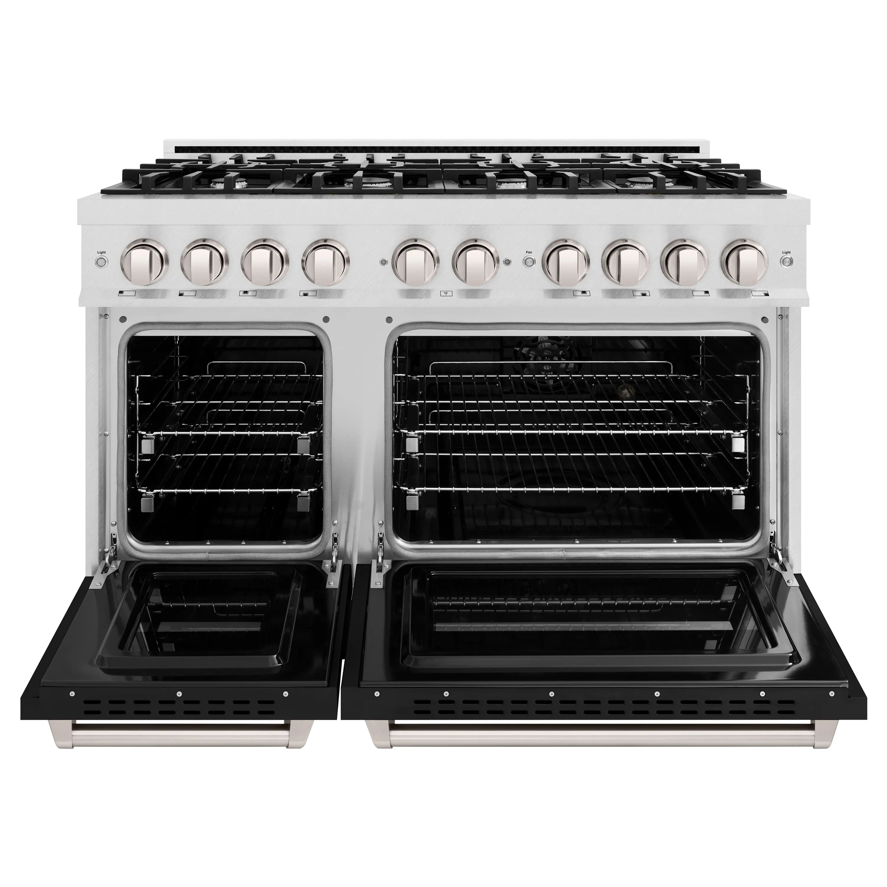Gas range with both oven doors open, showing two oven compartments and racks