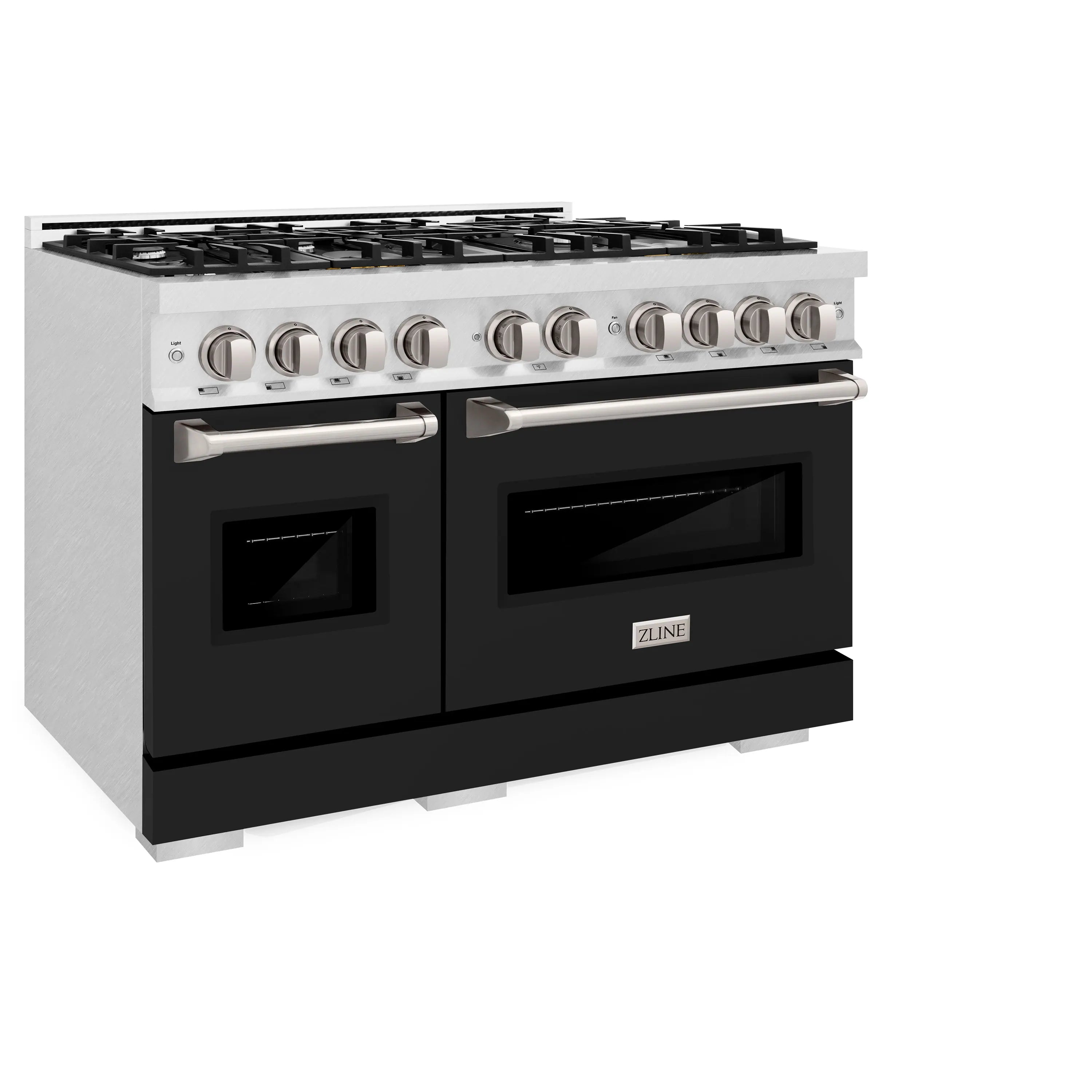Gas range 3/4 view with stainless top, black doors, and two silver oven handles