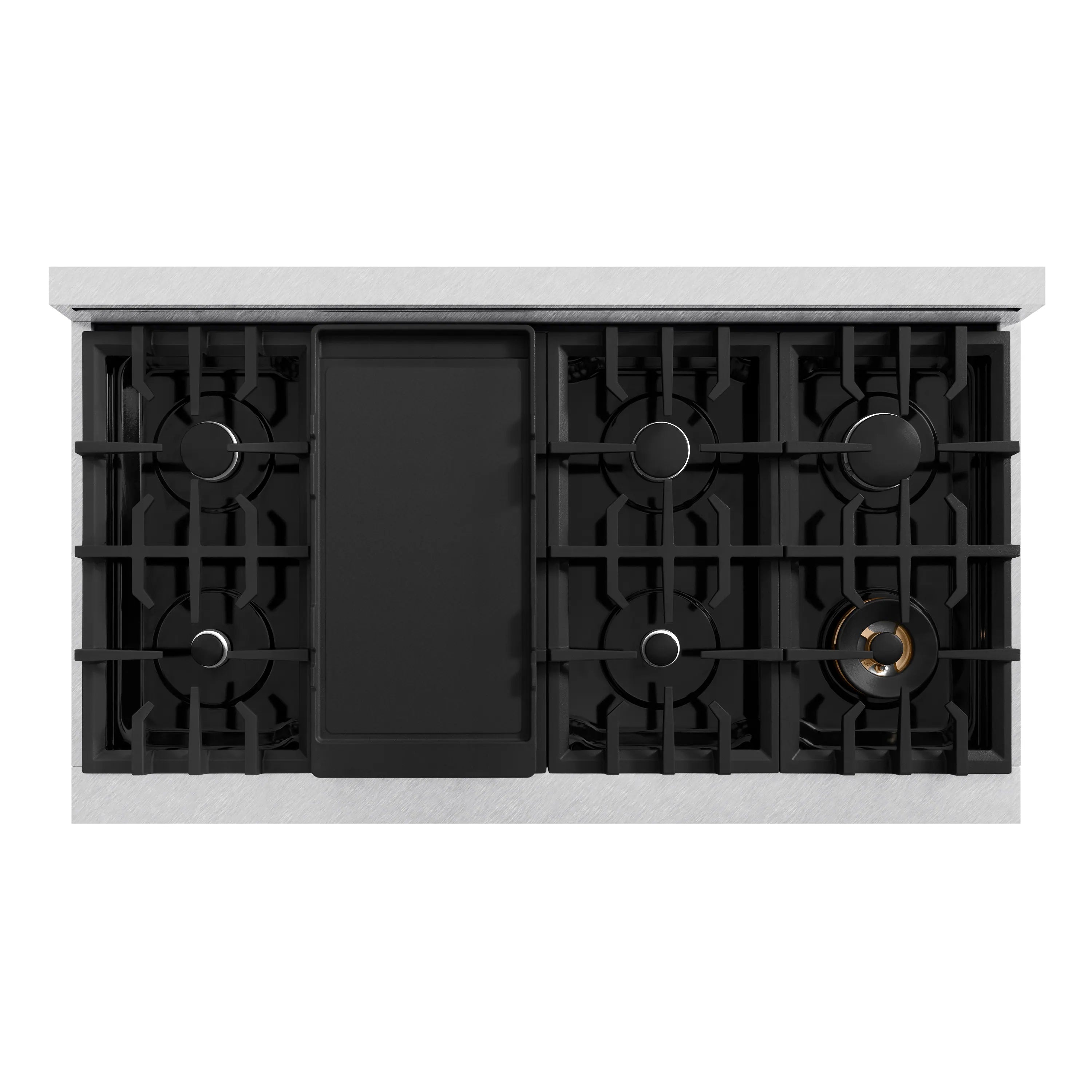Gas range burner compartment base with black burner supports and side igniter