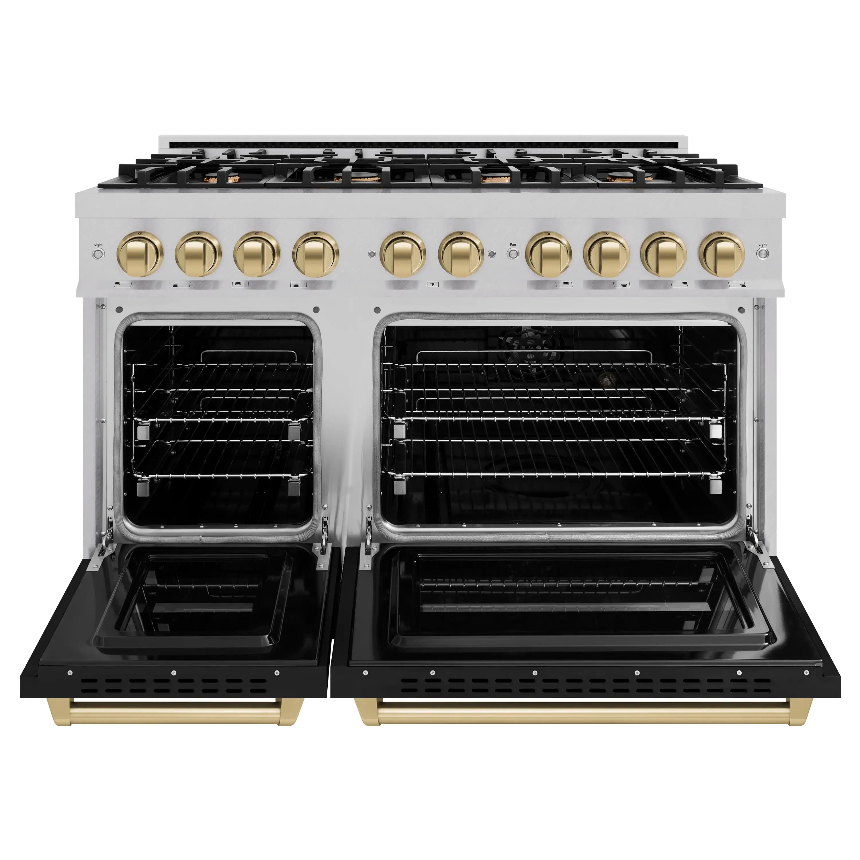 Gas convection oven with two open black doors, wire racks, and bronze bar handles